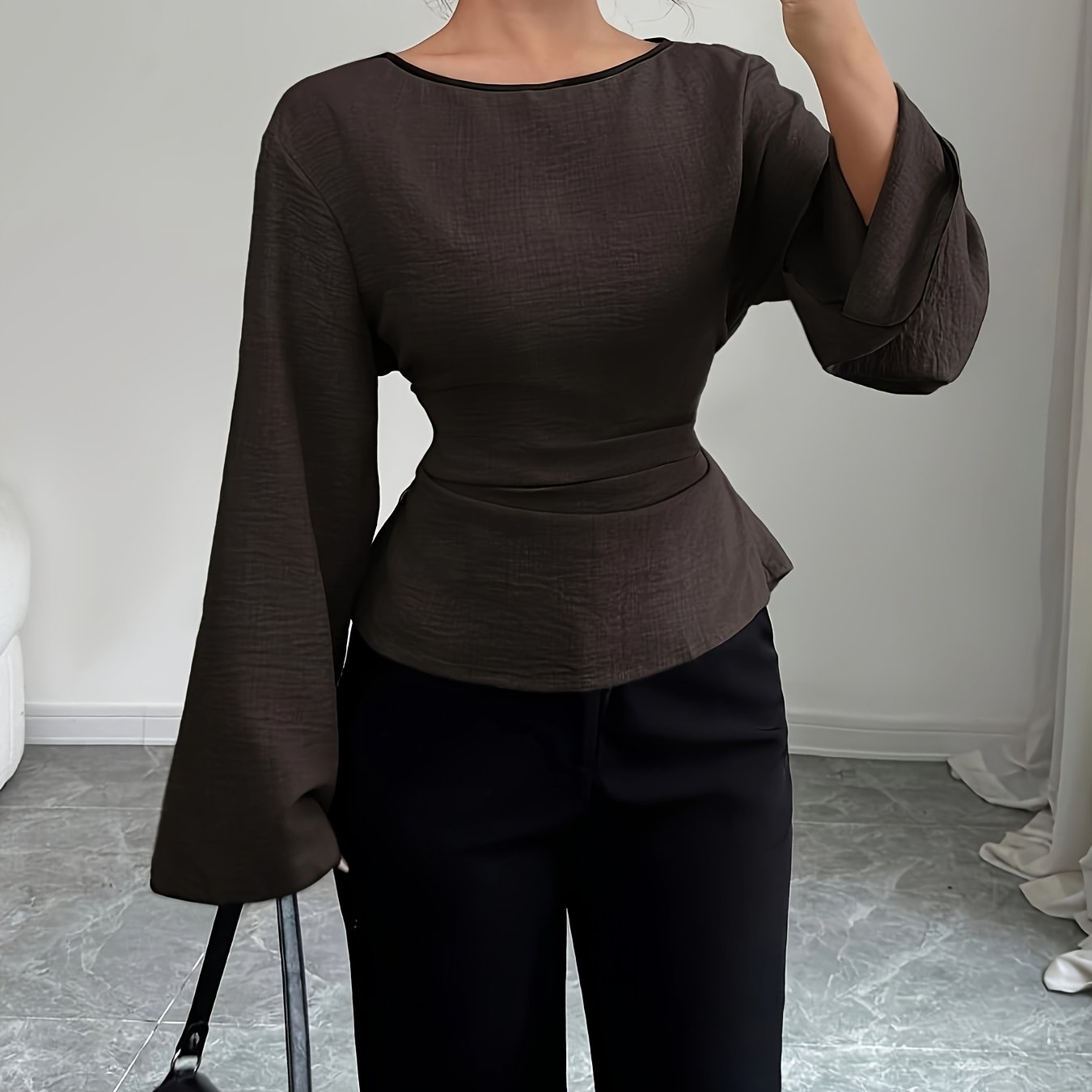 TEMU New Premium Outerwear Korean Flared Sleeve Pullover Waist-cinching Top