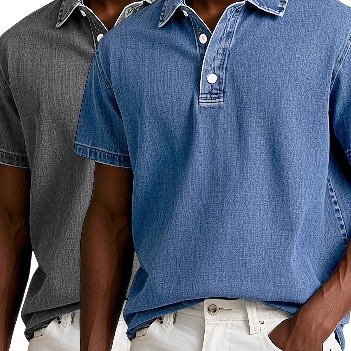 Image of 2pcss Vintage Style Men's Shirt Short Sleeve 2pcs Loose Fit Turn- Collar Casual Summer Front 3 Button Men's Retro Washed Faux Denim T-shirts 2026 Summer Solid Color Tshirts For Streetwear And Outfits
