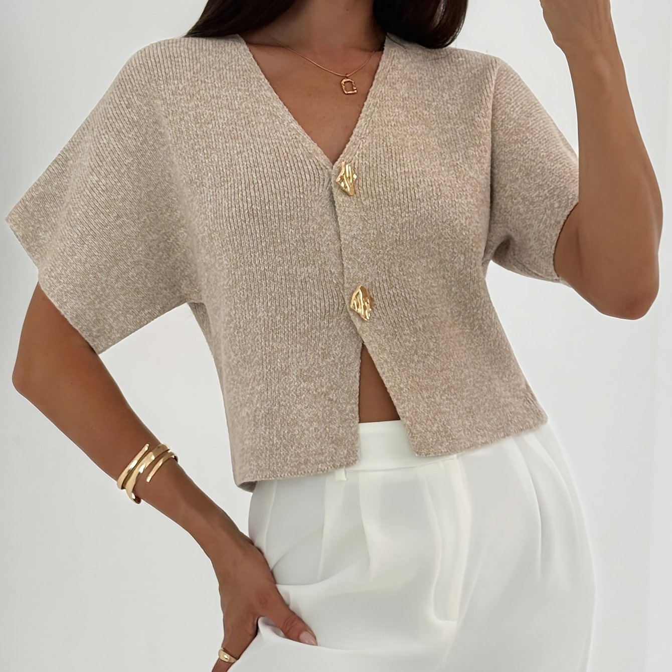 TEMU Women Deep V Neck Short Sleeve Button Cardigan, Versatile Casual Sweater Tops For Autumn Daily Wear