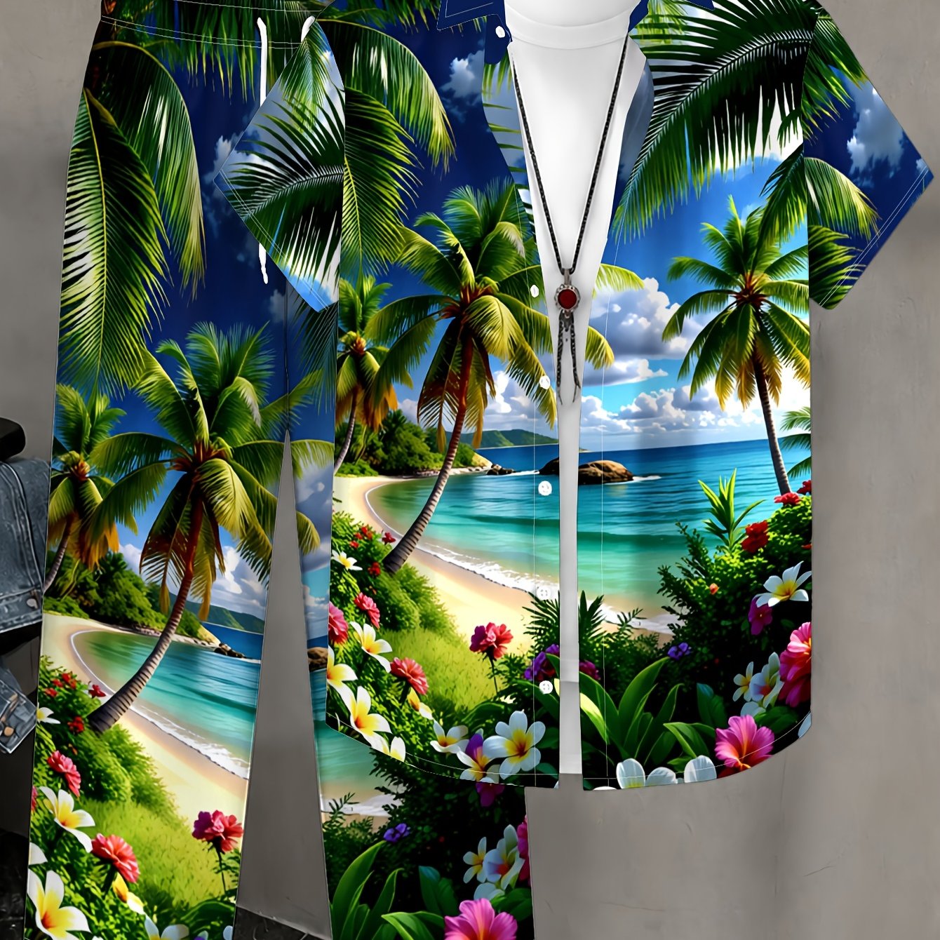 TEMU Men's Casual Fashion Short-sleeve Shirt And Long Pants Set, Tropical Seaside Scenery: Swaying Palms, , Azure Sea And Sky, Casual Wear, Leisure
