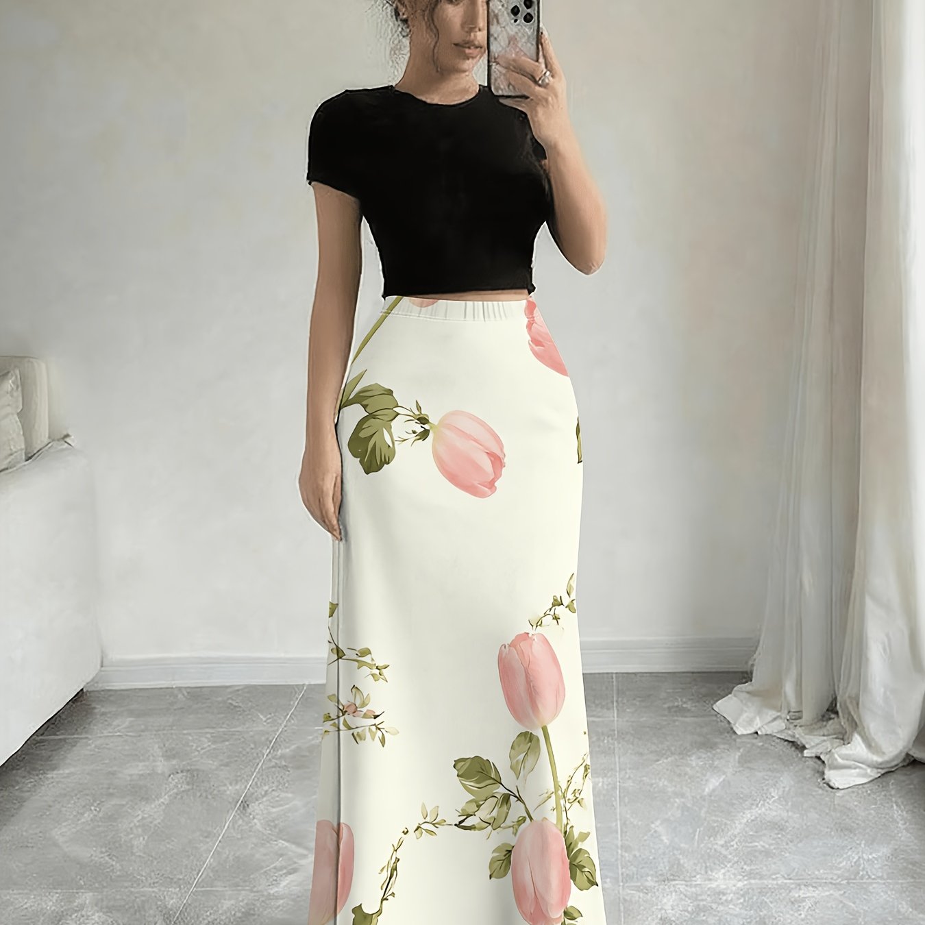 TEMU [printed Design â Not Textured] Women's Skirt Printed Style, Vintage Casual Full Pattern Print Niche Casual Fashion Stretch Fabric Spring Autum
