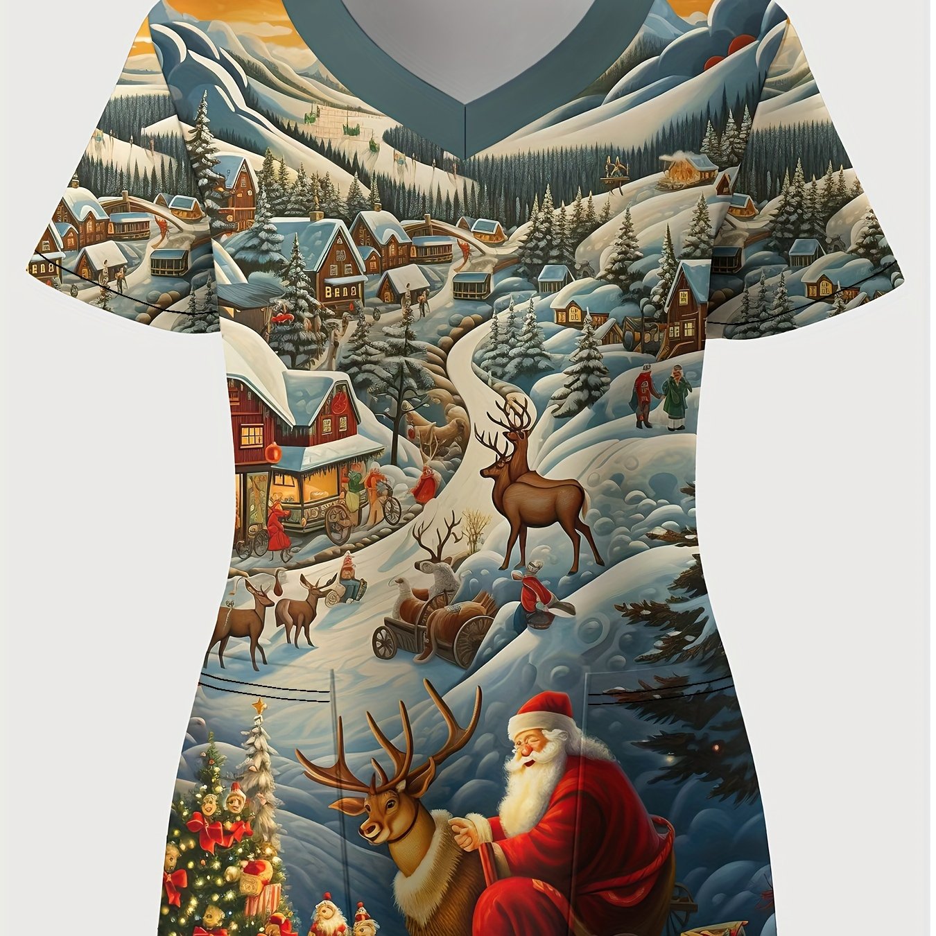 TEMU Plus Size - Plus Size - New Women's Nurse Uniforms For The Christmas Holiday Featuring A Santa Claus Print V-neck Work Outfit, Functional Patch
