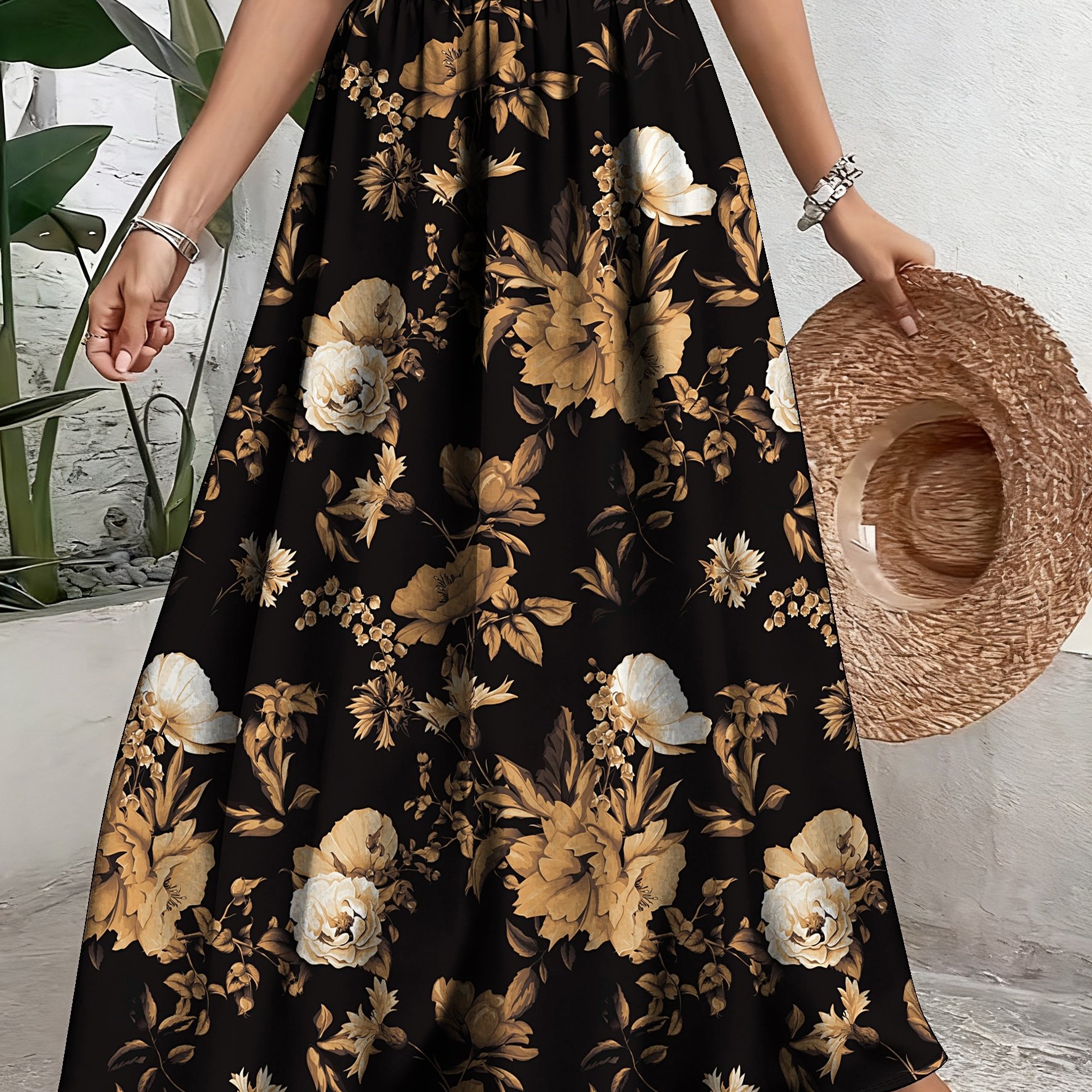 TEMU Plus Size, Elegant Floral Print Polyester Skirt - Casual A-line, Non-stretch Fabric, With Elastic Waistband And Hem, Machine Washable - Wear