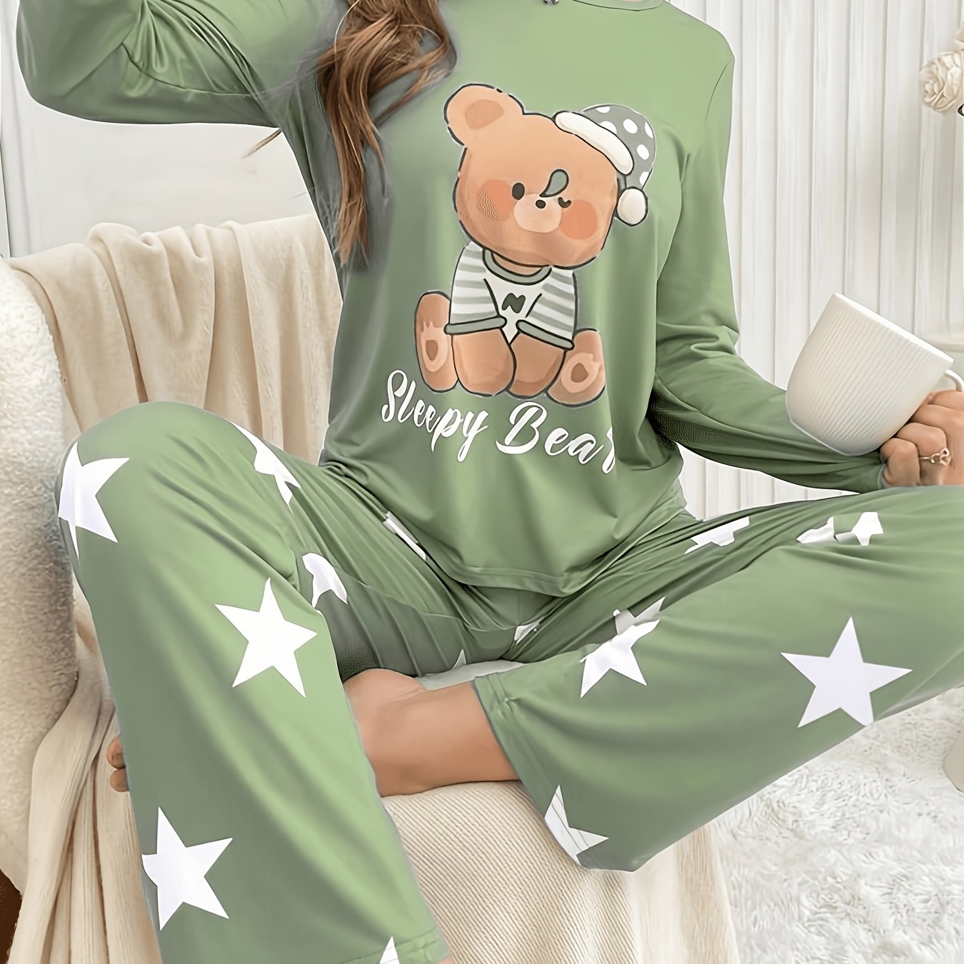 TEMU Pyjama décontracté pour femme avec imprimé ours en peluche et slogan - Haut bleu à manches longues et col rond et pantalon à taille élastique,