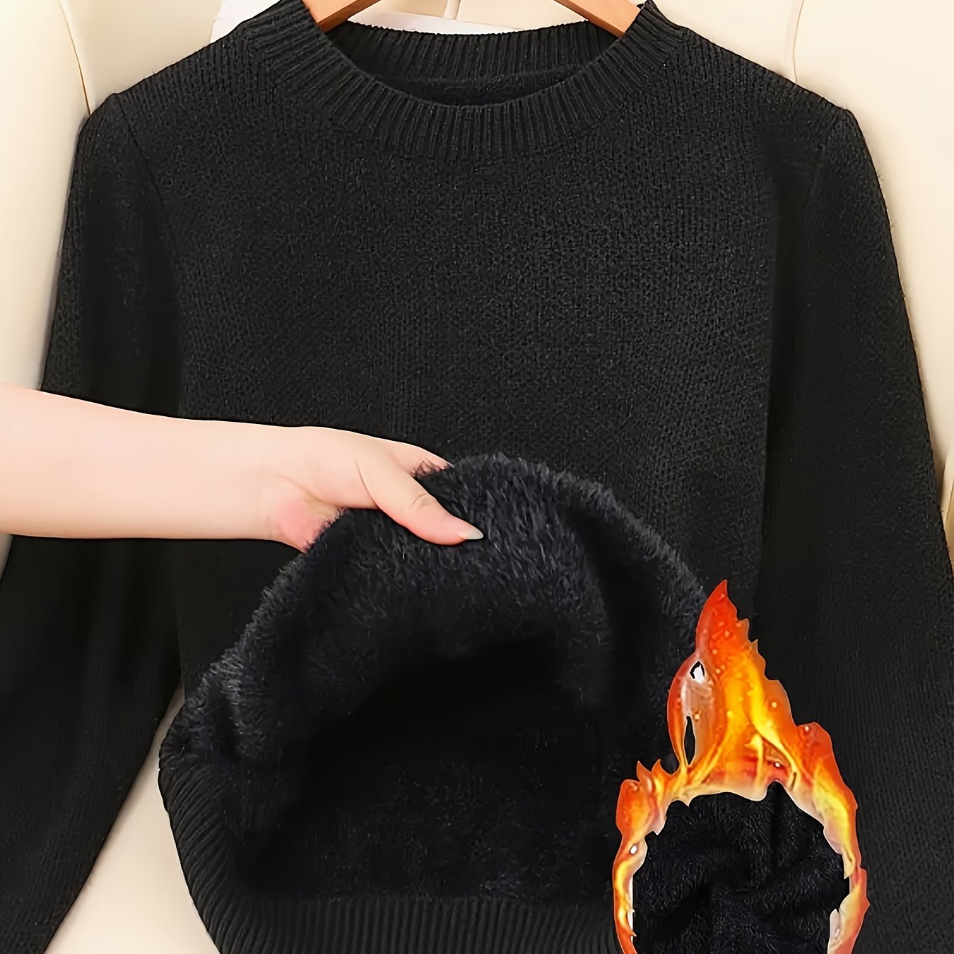 TEMU 가을 겨울 여성용 플리스 안감 따뜻한 니트 스웨터, 라운드넥 솔리드 컬러 풀오버 보온 베이스 레이어 탑 - 신축성 있는 소재로 부드럽고 편안한 출퇴근용, 다재다능한 우아한 스타일