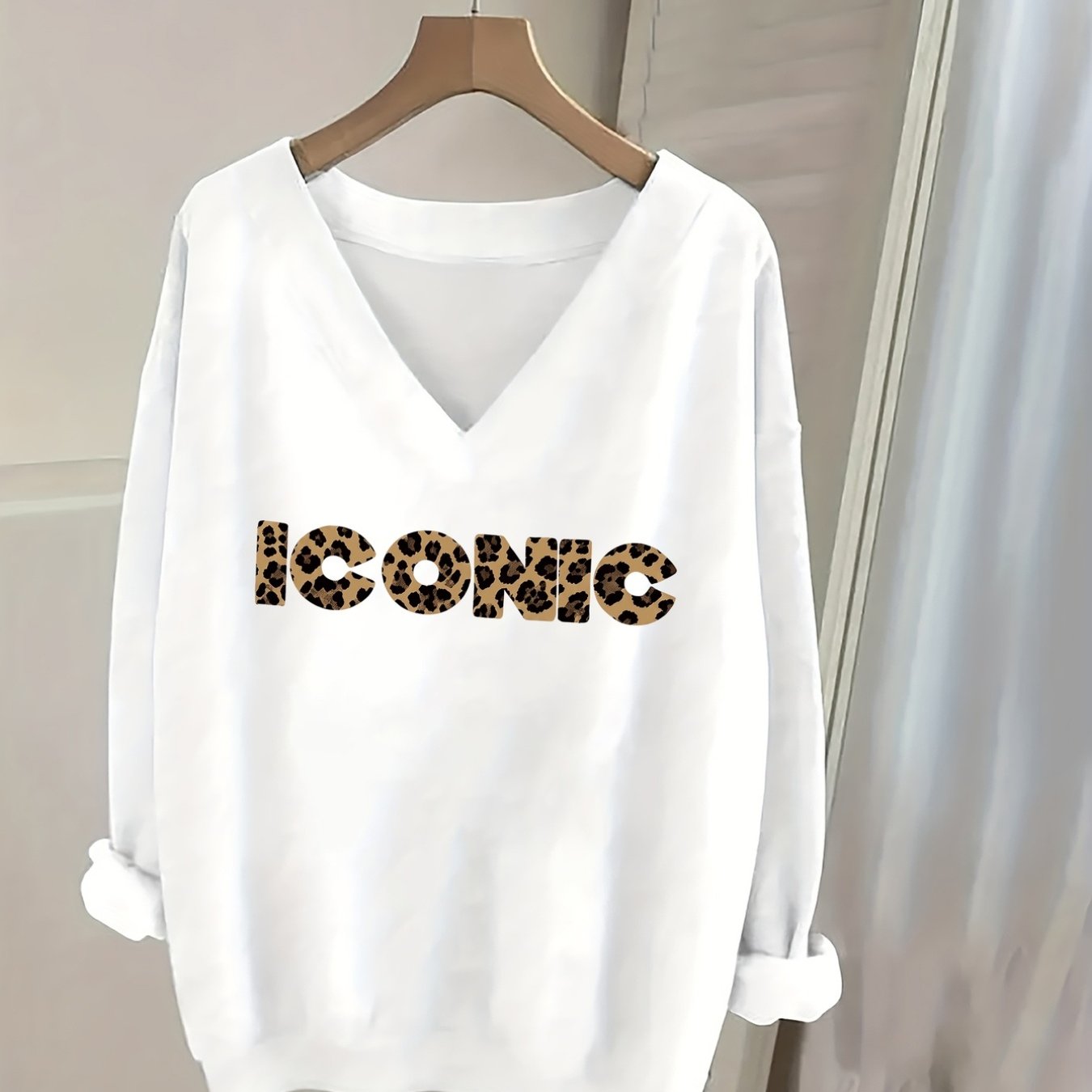TEMU Sweat-shirt d'automne-hiver pour femmes à col en V et manches longues, imprimé motif léopard ICONIQUE, chaud et confortable, décontracté et