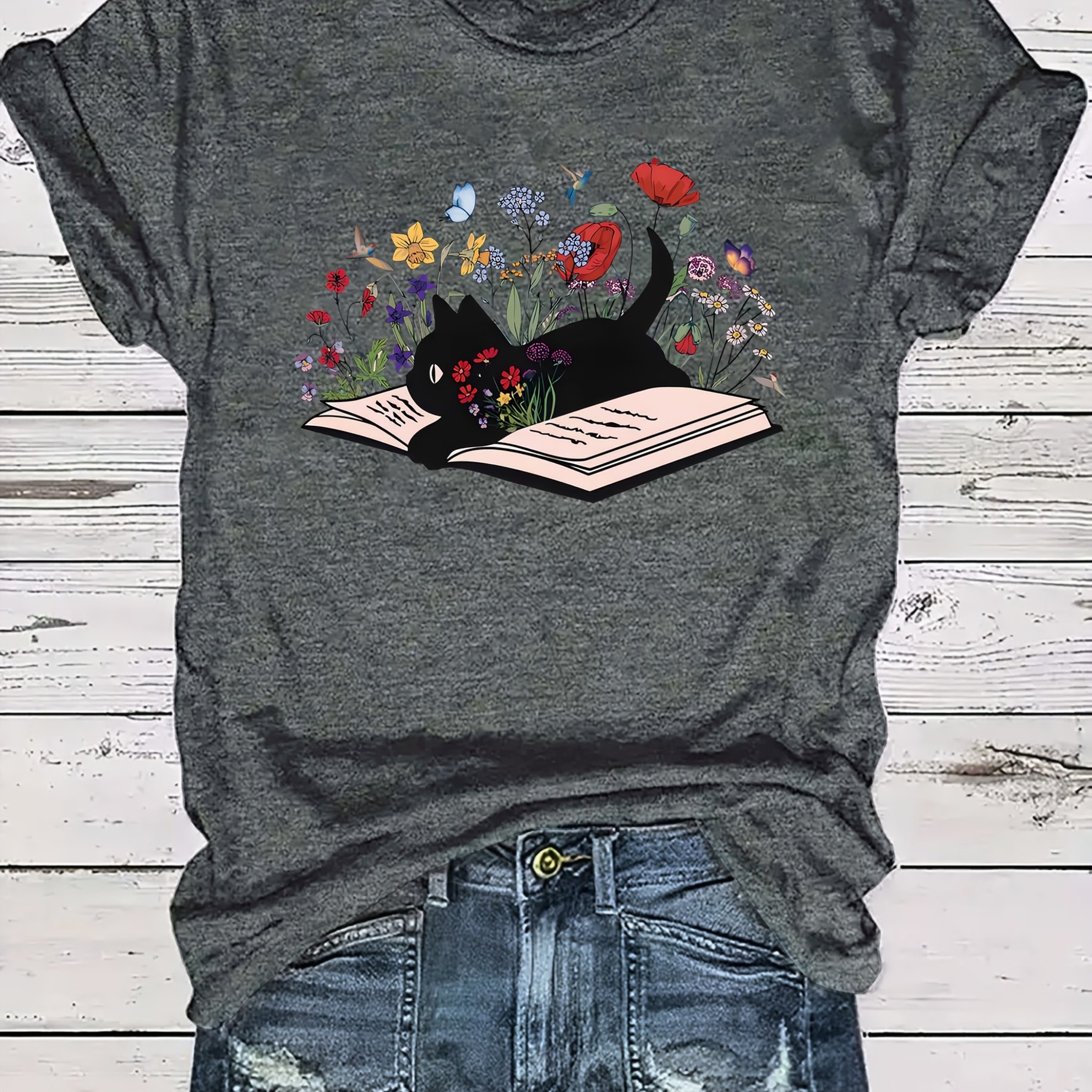 TEMU Book Cat Flower Element Printed Women's Summer Fit Round Neck T-shirt
