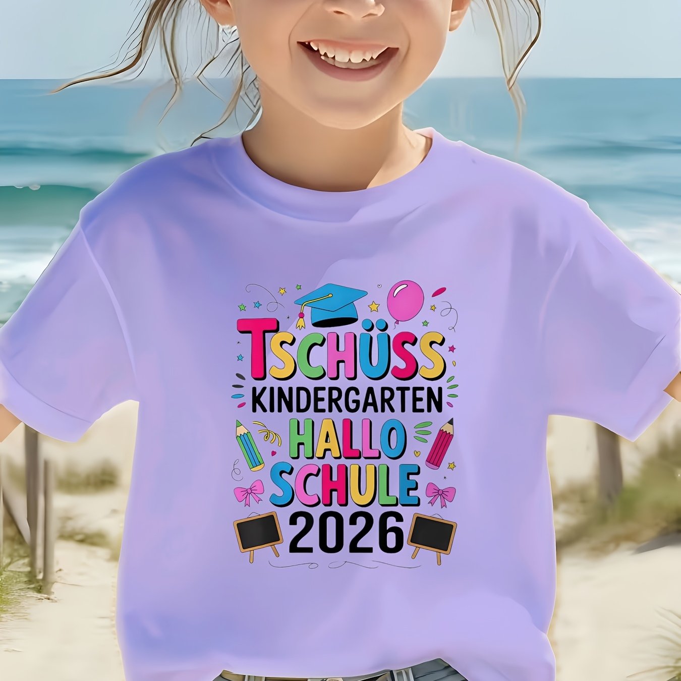 To Kindergarten, Welcome 2026 School T-shirt - Cute Kawaii School With Pencil Pattern, Short-sleeved Round Neck Top For Boys And Girls, For Day Of School