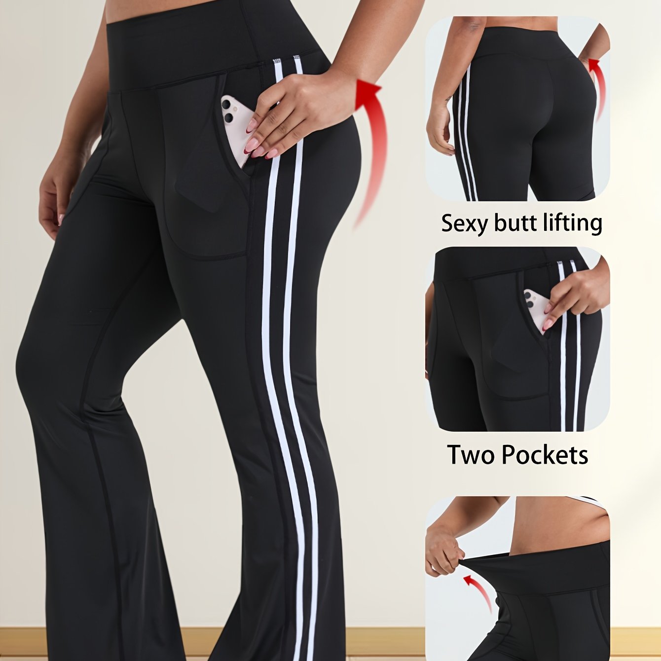 Women's Plus Size Solid Color High-waist Flared Yoga Pants With Classic White Side Stripes And , Flared Leg Tights For Sports, Fitness, And Casual Wear