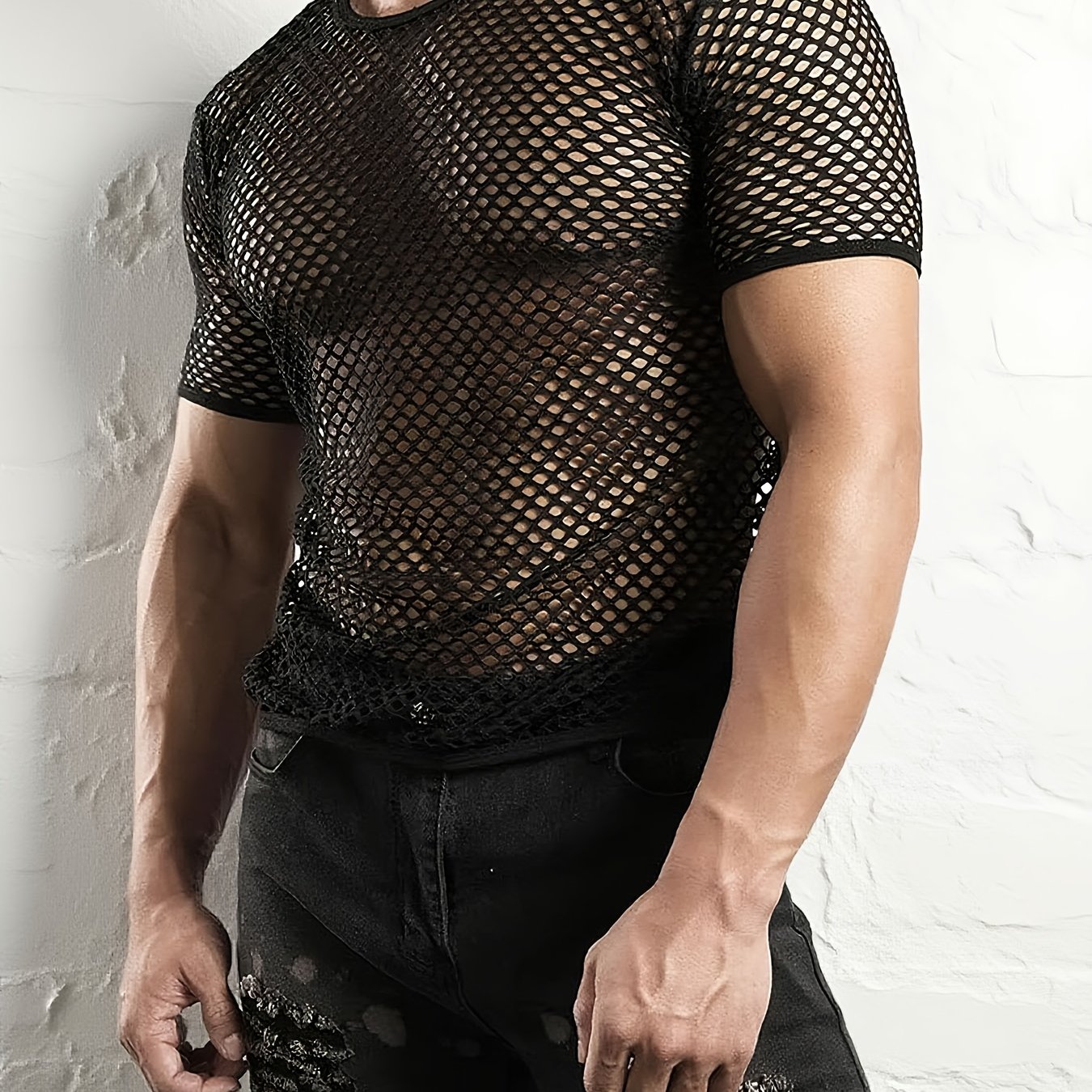 E-shop Herren Sportliches Mesh T-Shirt Kurzarm, Atmungsaktives Fischnetz Hollow Out Oberteil Gym Crew Neck Enganliegender Pullover