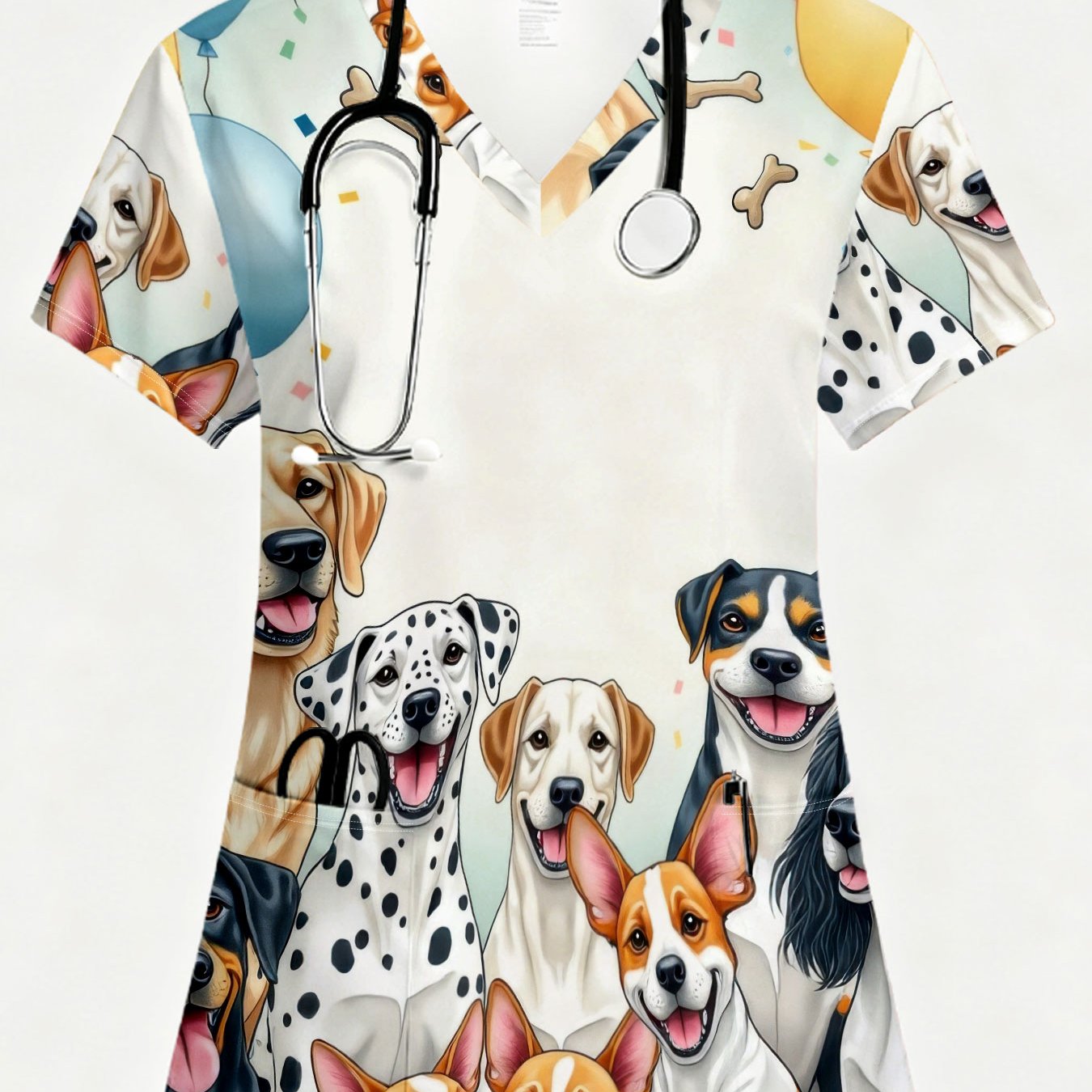 TEMU Women's Soft Breathable V-neck Short-sleeve Uniform - Full-body Dog Workwear With Pockets Suitable For Uniforms, Machine Washable Professional
