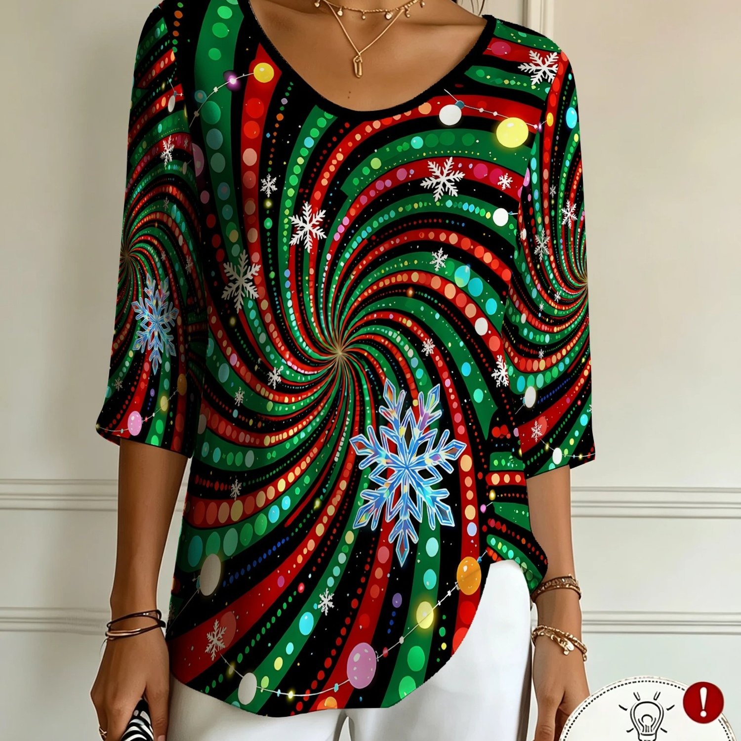 TEMU Women's V-neck Three-quarter Sleeve Top, Christmas Themed Spiral Colorful Hoop Snowflake Print Top, For Holiday Parties And Daily Wear