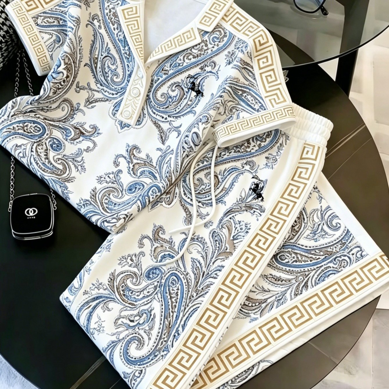 Summer Unisex Printed Short Sleeve And Long Pants Set- Retro Hip Hop Style, Soft And Breathable, 100% Polyester Fiber, Vibrant Printed Design, Perfect For Casual