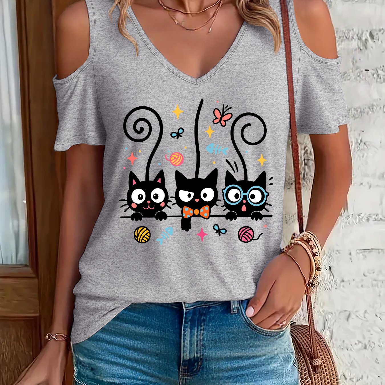 TEMU (002#) T-shirt da donna con scollo spalle scoperte, divertente T-shirt da donna con scollo spalle scoperte con gatto cartone animato, top estivo