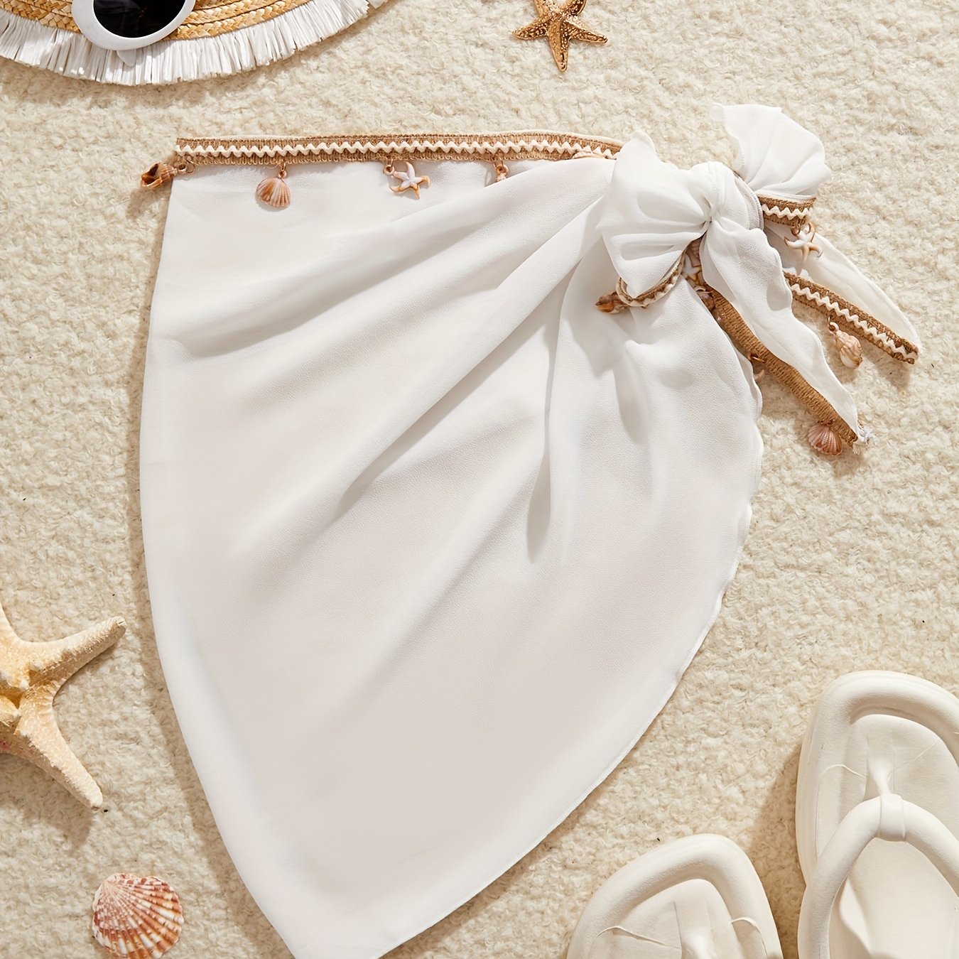 Image of Women's Bohemian Style Beach Vacation 1pc Side-tie Skirt With Shell And Conch Decorations At The Waist, Seaside Ao Yai Skirt