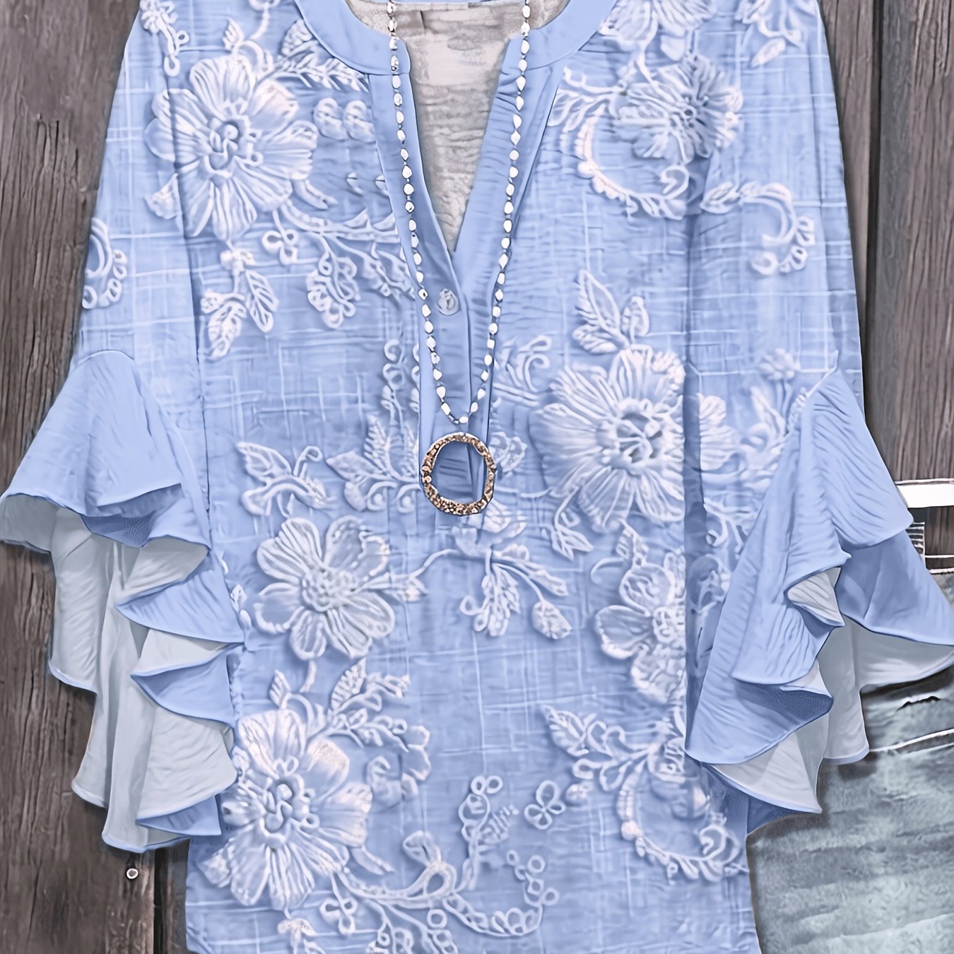 TEMU Ladies' New Printed Pullover Shirt With Textured Fabric And Ruffle Sleeves For Spring And Summer