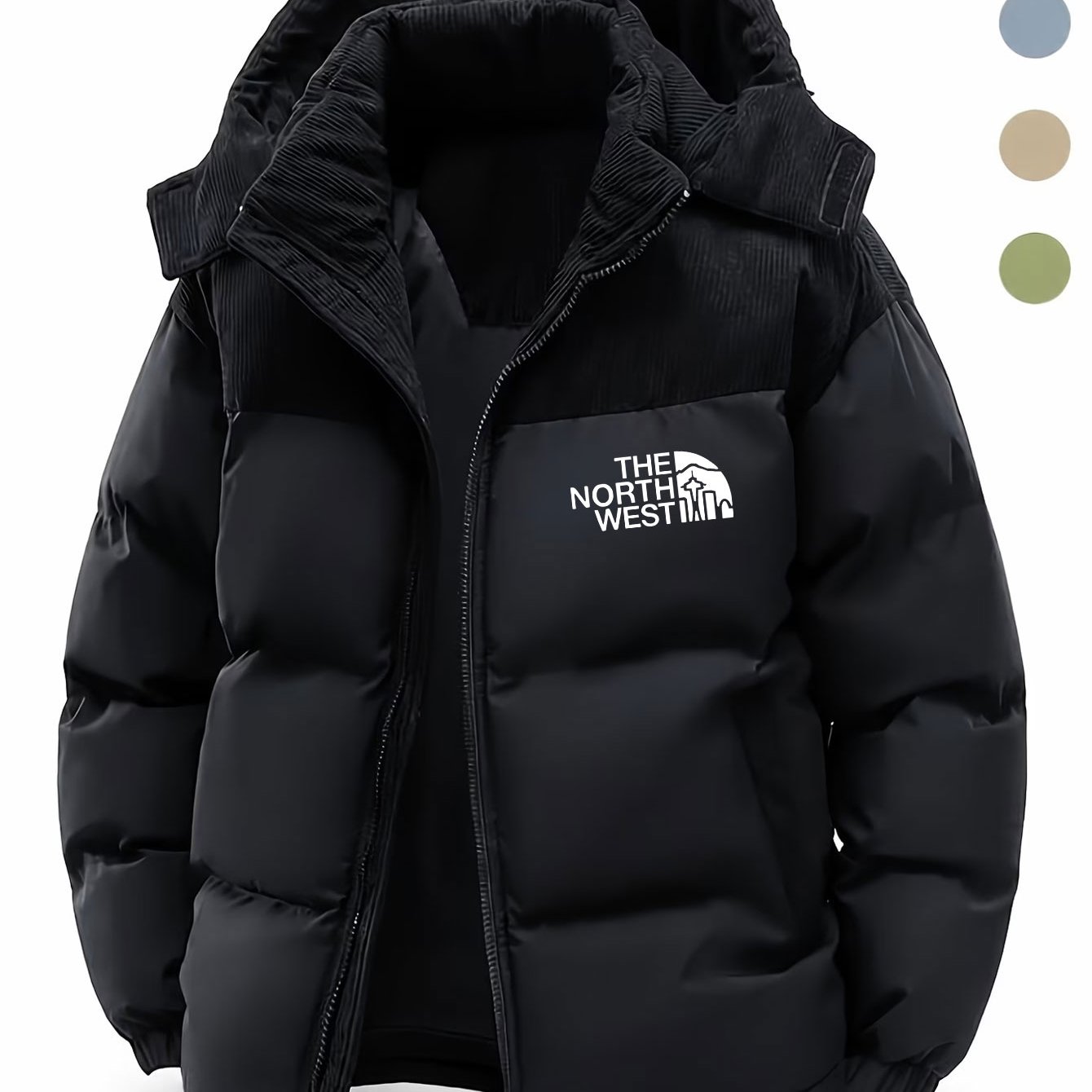 TEMU Veste d'hiver à capuche unisexe, imprimé patchwork de lettres facile, épaisse, chaude, coupe-vent, , de panneau d'épaule, vêtements d'hiver