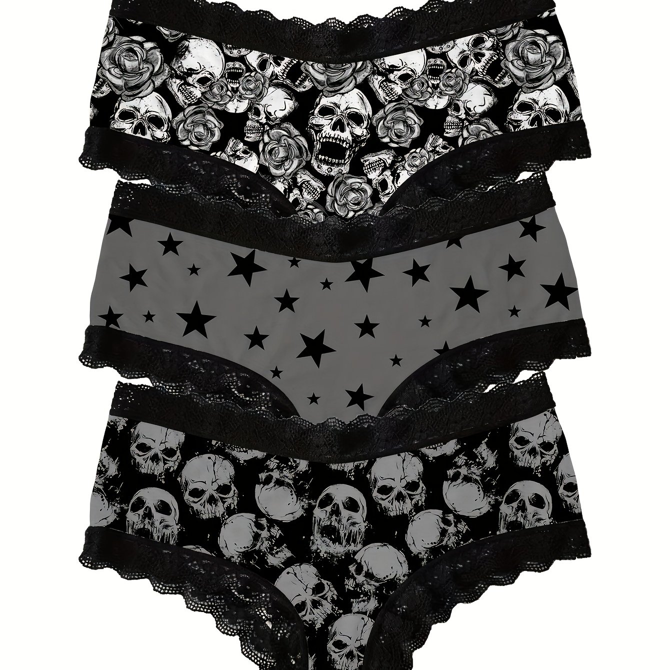 Image of Dark Gothic Style Women's Mid-waist Underwear Skeleton Black Lace Trim Skin-friendly Breathable Triangle Panties 3pcs Set