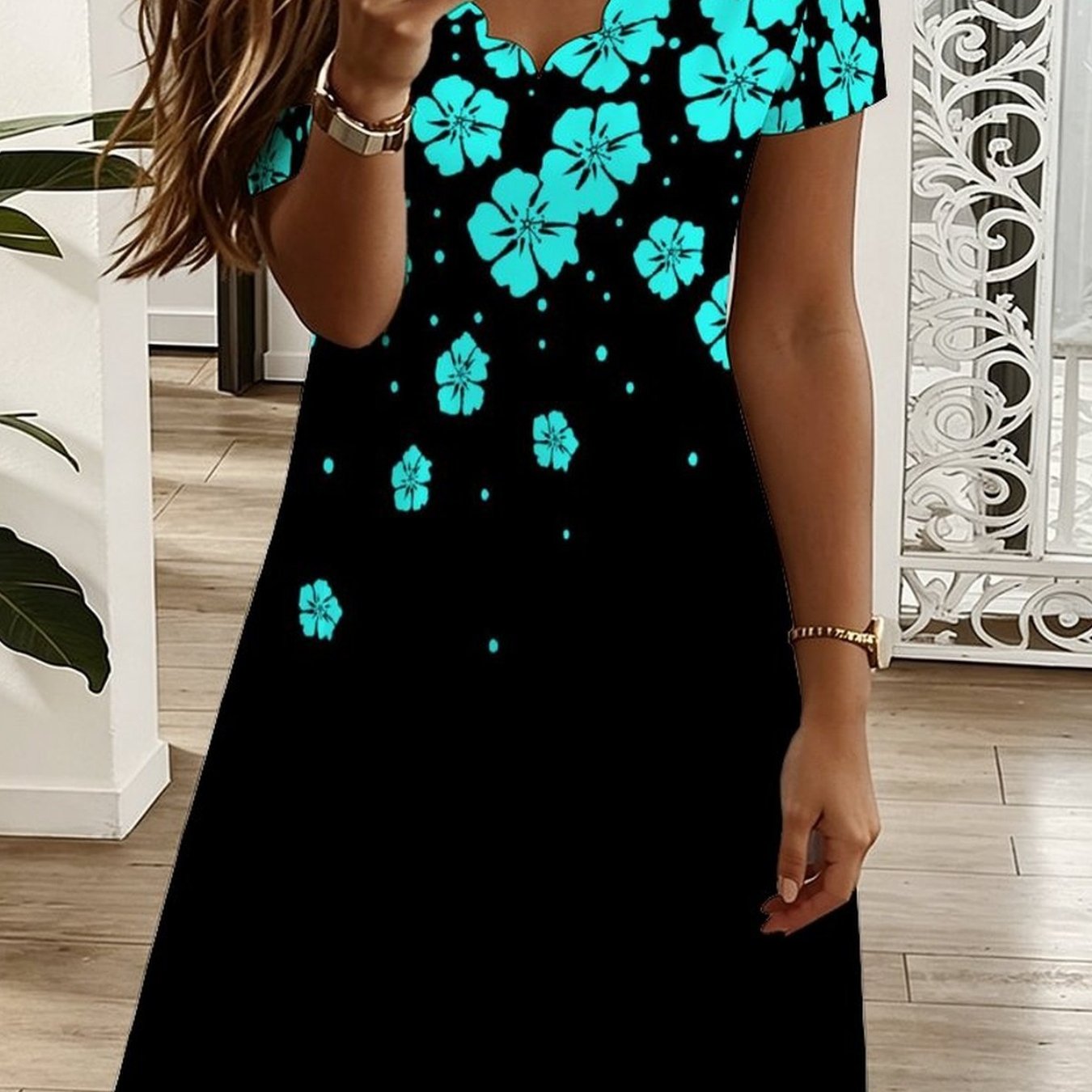 Plus Size, Summer -neck Short Sleeve Dress, All Over Geometric , Elegant Women Dress For Vacation Casual Party