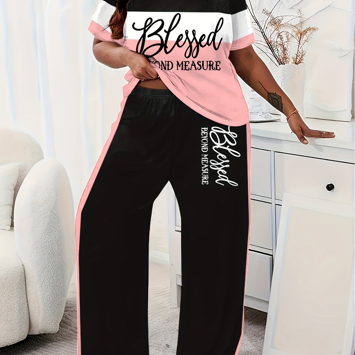 Plus Size - Plus Size - Women's Casual Short-sleeved Trousers Suit, Striped Print Letter , Loose Trousers With Pockets