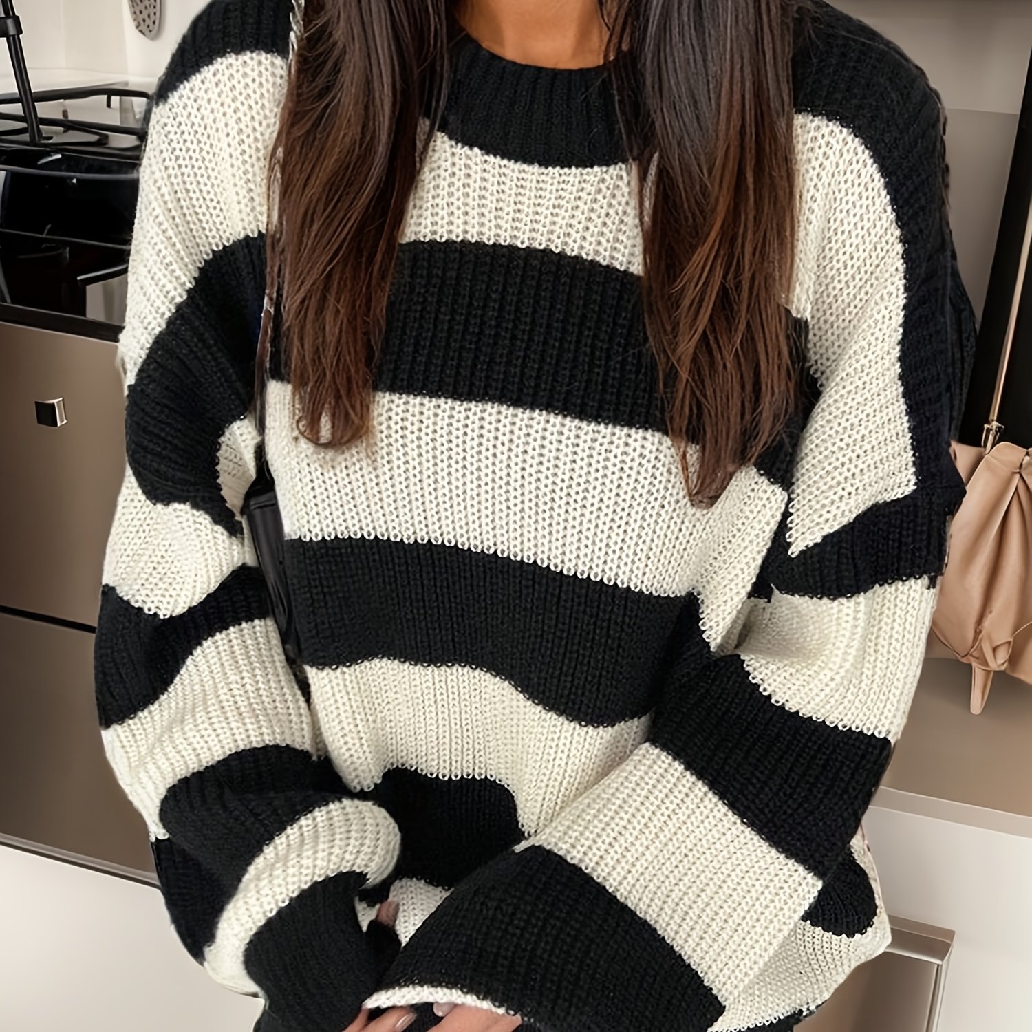 Women's Casual Striped Long Sleeve Pullover Sweater Crew Neck Loose For Fall And Winter