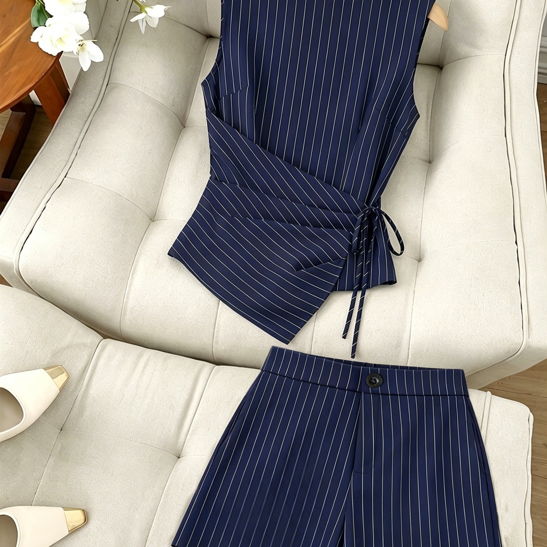 TEMU Women's Casual Striped 2pcs Set, Vertical Stripe Sleeveless Jumpsuit, Waist-tie Top, Shorts, Commuter Chic High-end 2pcs Set, Adjustable Side