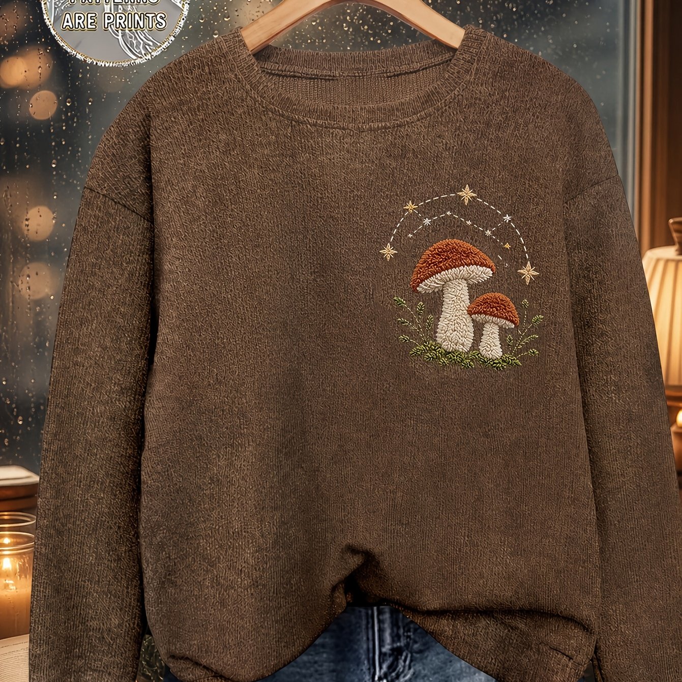 TEMU Women's Fashion Casual Long Sleeve Top, Trendy Astrology Mushroom Print Loose Versatile Round Neck Pullover Sweater