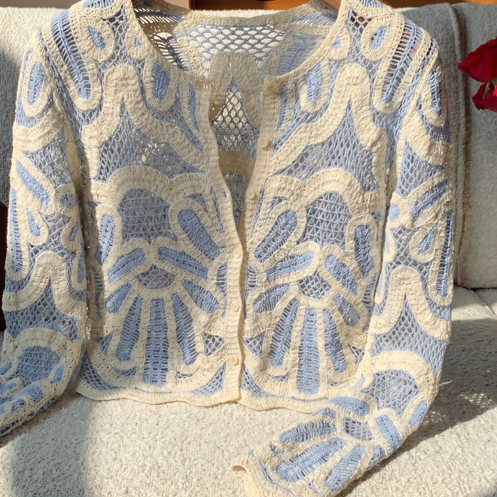 TEMU Spring/autumn Blue And White Crochet Lace Long Sleeve Round Neck Cardigan, Bohemian Style Breathable Outerwear Shrug, Casual Top