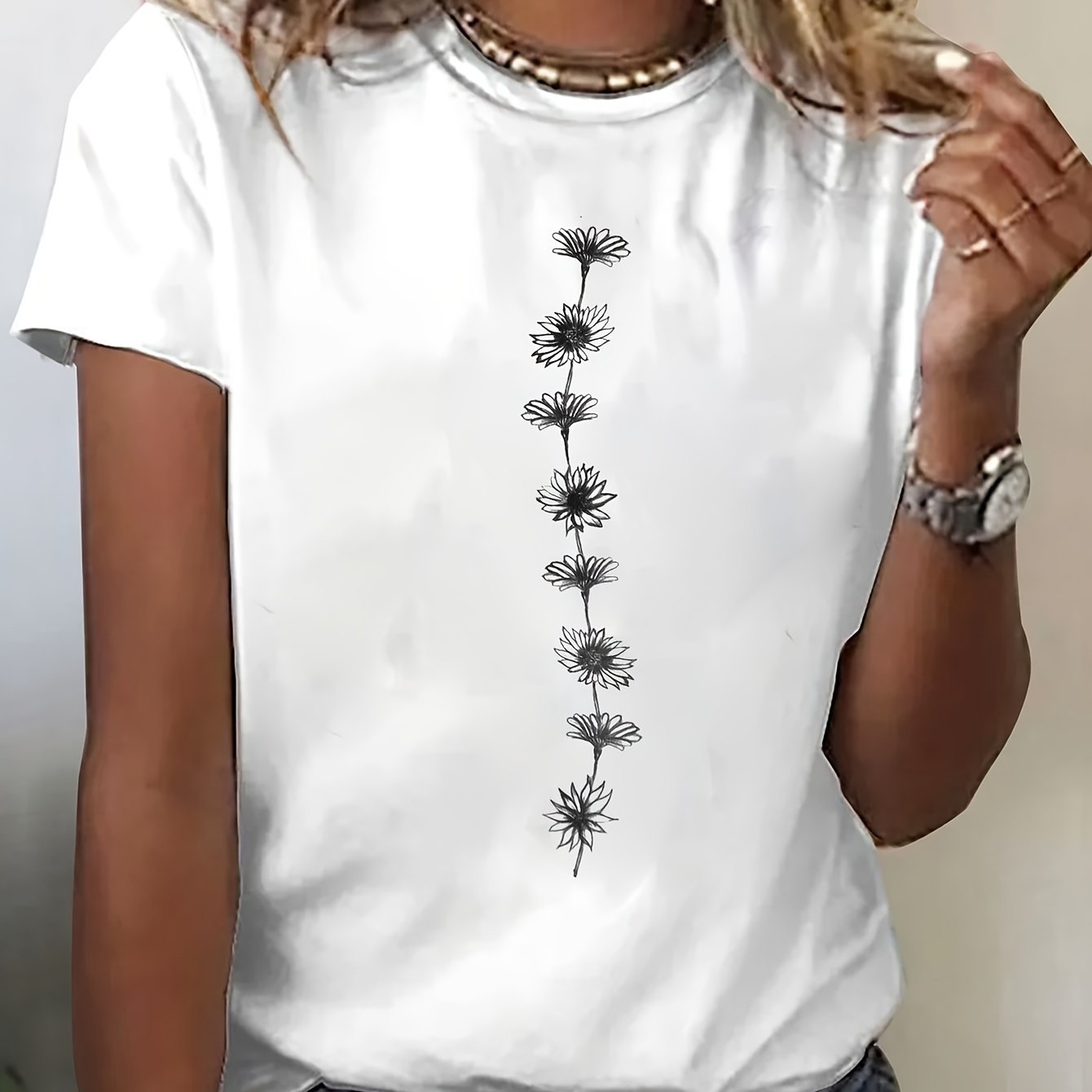 TEMU Floral Neck T-shirt, Casual Short Sleeve Top For , Women's Clothing