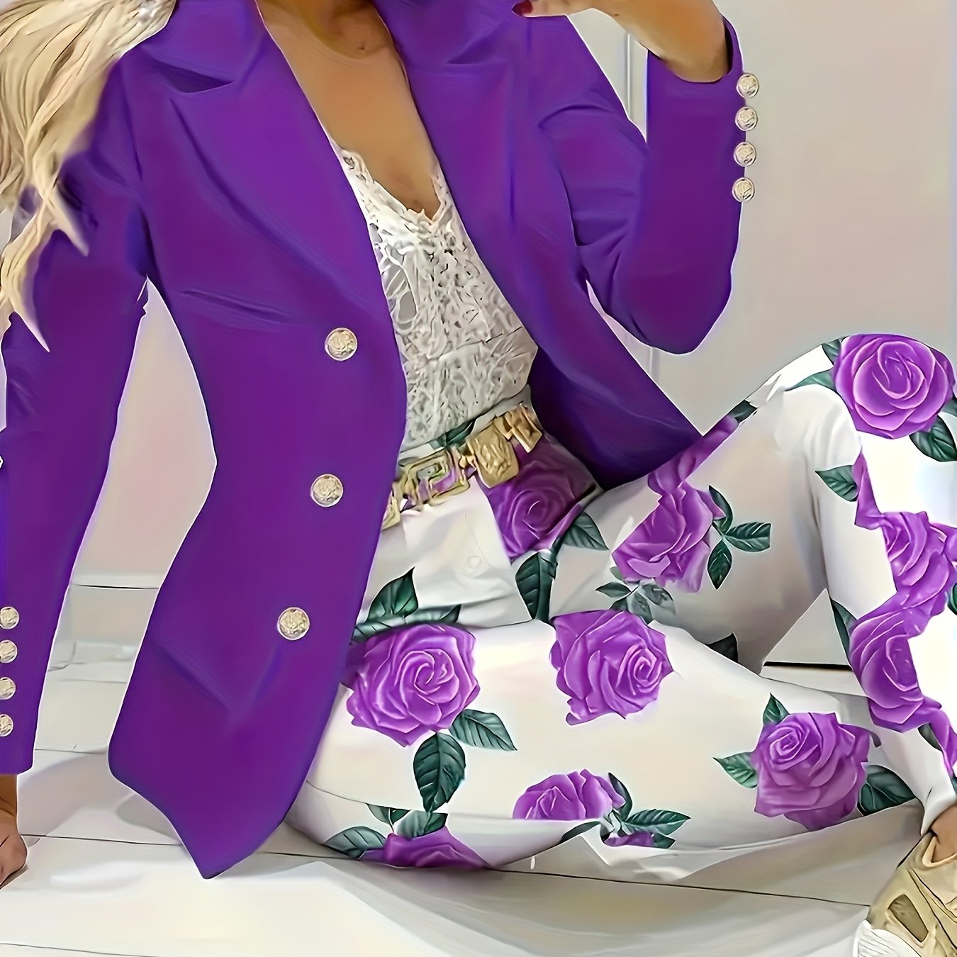 TEMU Two-piece Set - Lapel Collar, Button-front, Mid- Polyester Blazer And Floral Print Slim Pants Outfit For Spring/fall - Fabric, Random Printing,