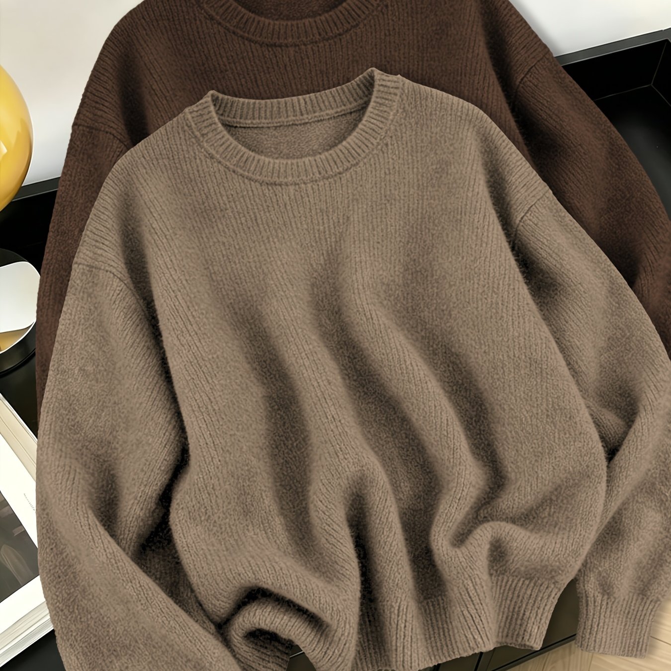TEMU Plus Size, 2pcs Solid Color Sweater For Plus Size Women's Clothing, Lazy Style, Round Neck, Loose And Versatile, Long Sleeved