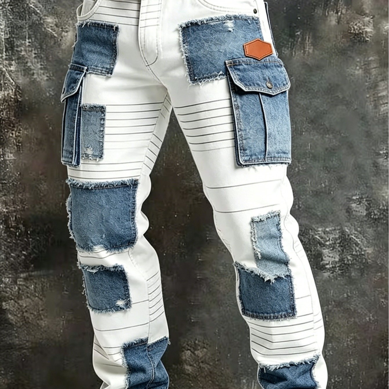 TEMU Plus Size Men's Y2k Fashion White And Blue Spliced Patch Tooling Jeans, Striped Printed Multi-pocket Straight Versatile Street Trend Casual