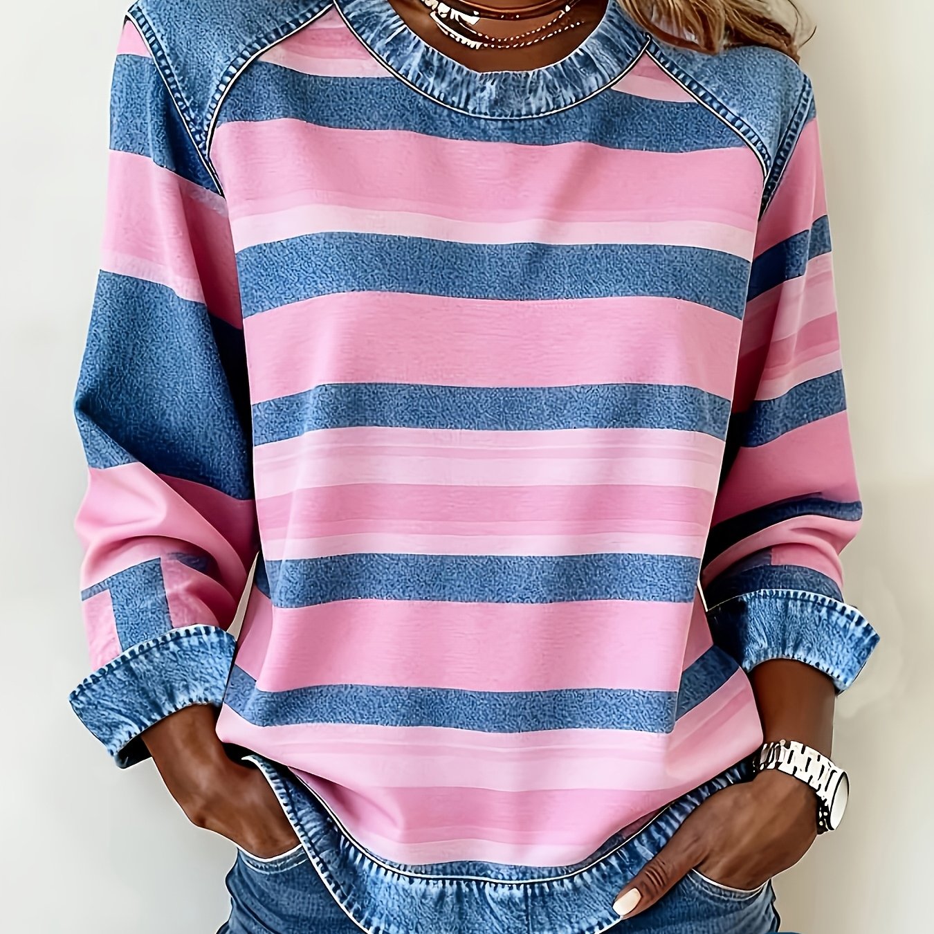 TEMU [Pantalones Estampados - No Tela de Mezclilla] Sudadera de Mezclilla con Parches a Rayas, Sudadera de Moda para Mujer, Cuello , Larga, Chaqueta