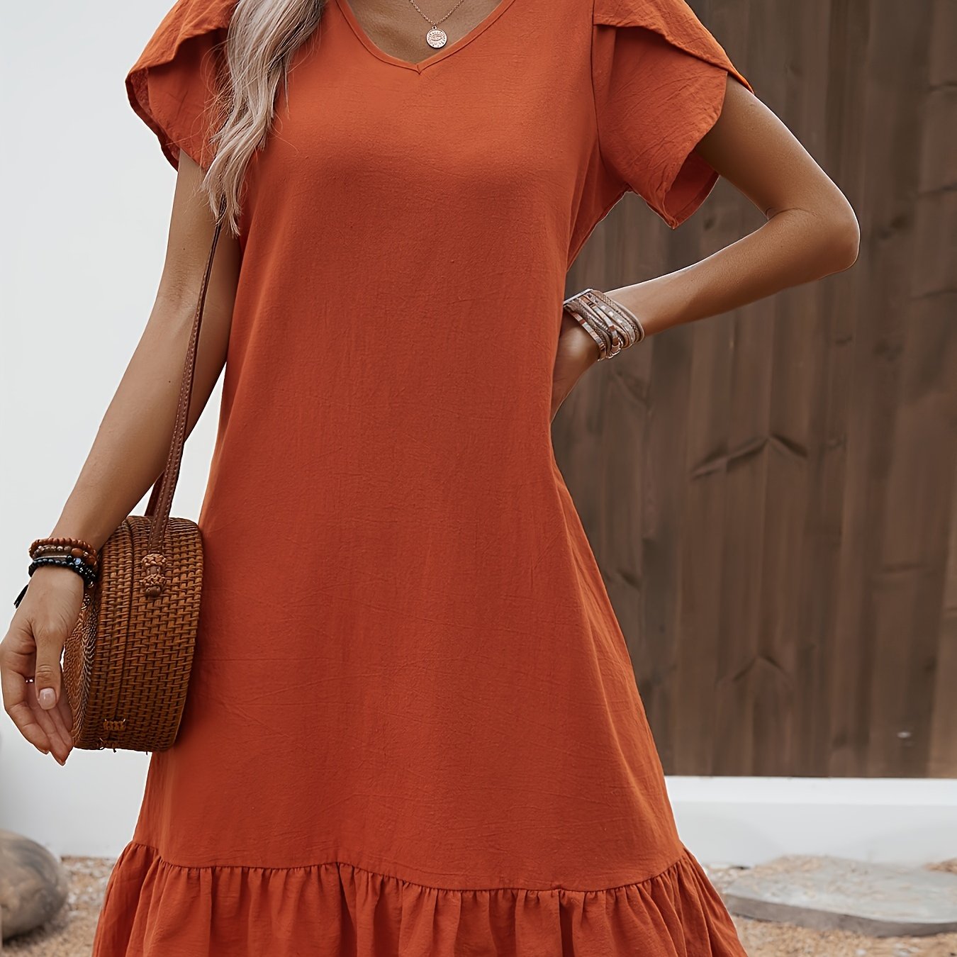 Women's V-neck Shell Sleeve Ruffle Dress