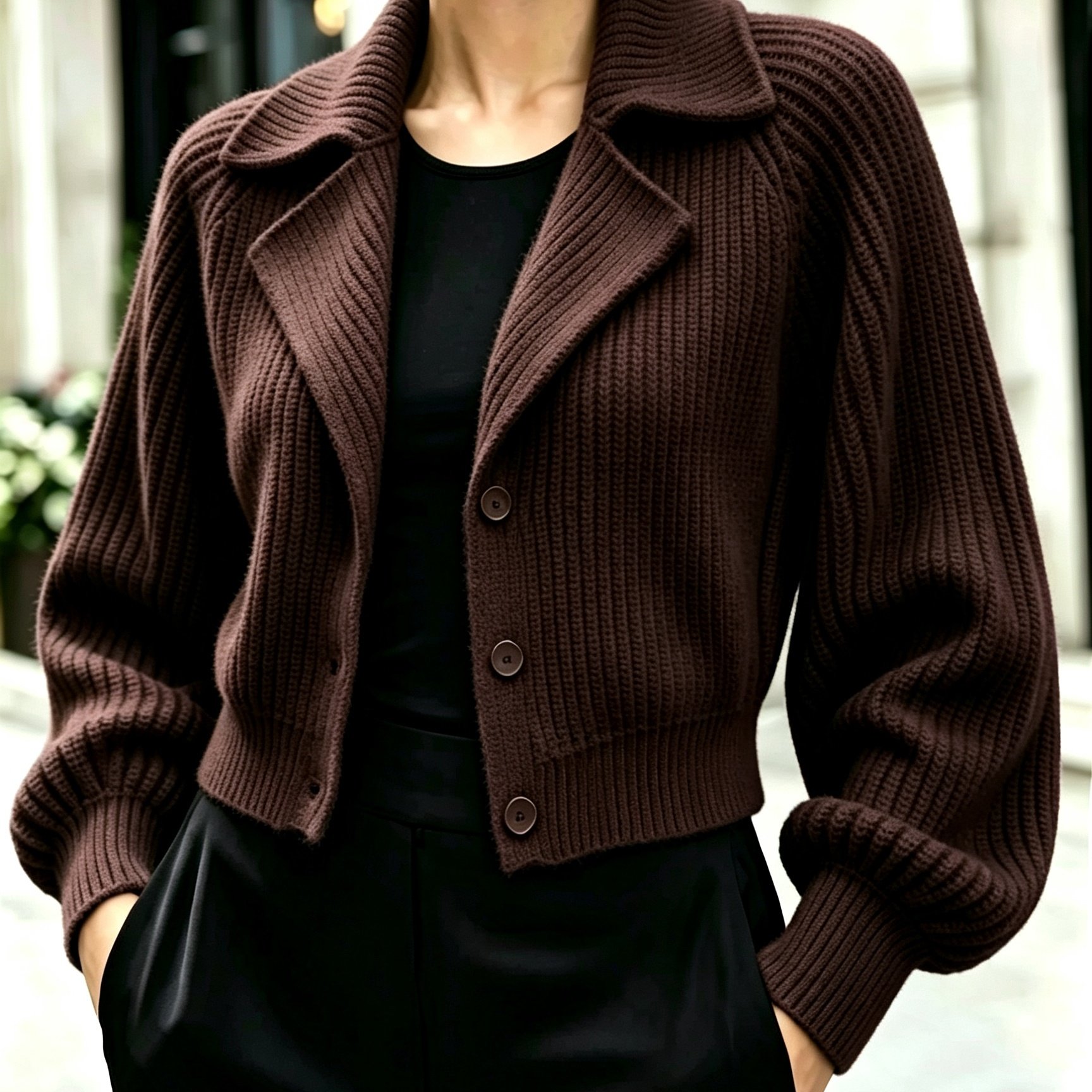 TEMU Bk260723019 Edition, Women's Autumn/winter Fabric Suit Lapel Elegant Cropped Cardigan, Soft, Thick, And Textured; Iconic Lantern Puff Long