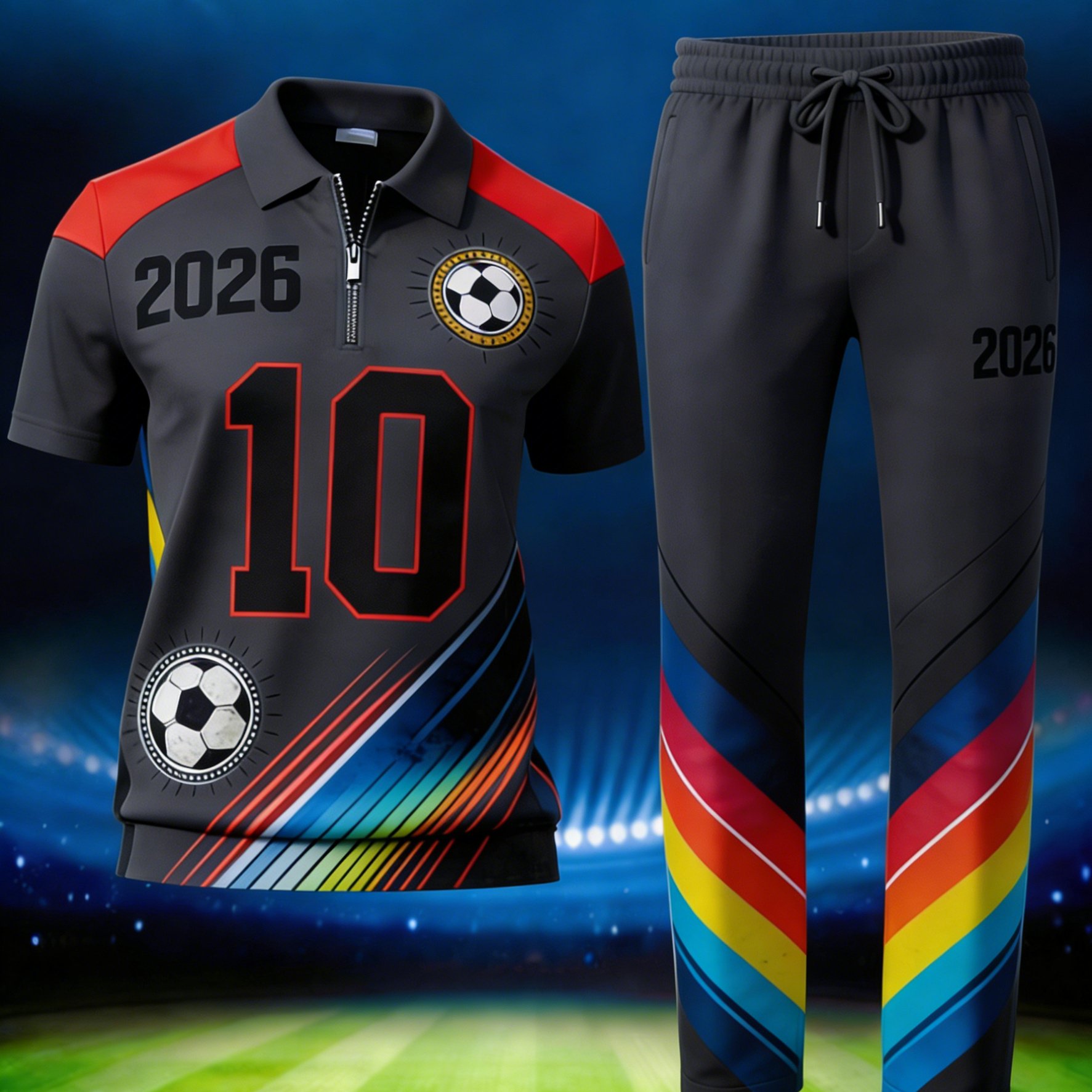 2026 's Football Two-piece Set, White And Red Color Matching Rainbow Striped Zipper, Shirt And Drawstring Straight Pants, Suit