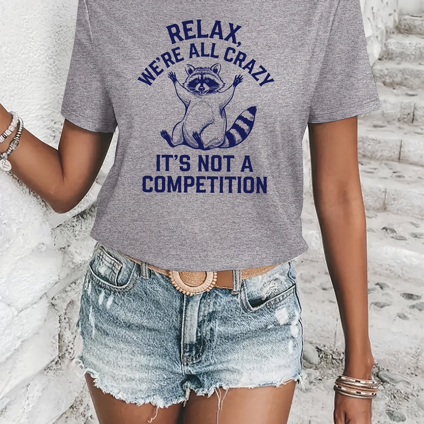 TEMU Women's Casual Crew Neck T-shirt With Raccoon Print - "relax, All Crazy Not A Competition" Design, Short Sleeve, Light Blue, Casual