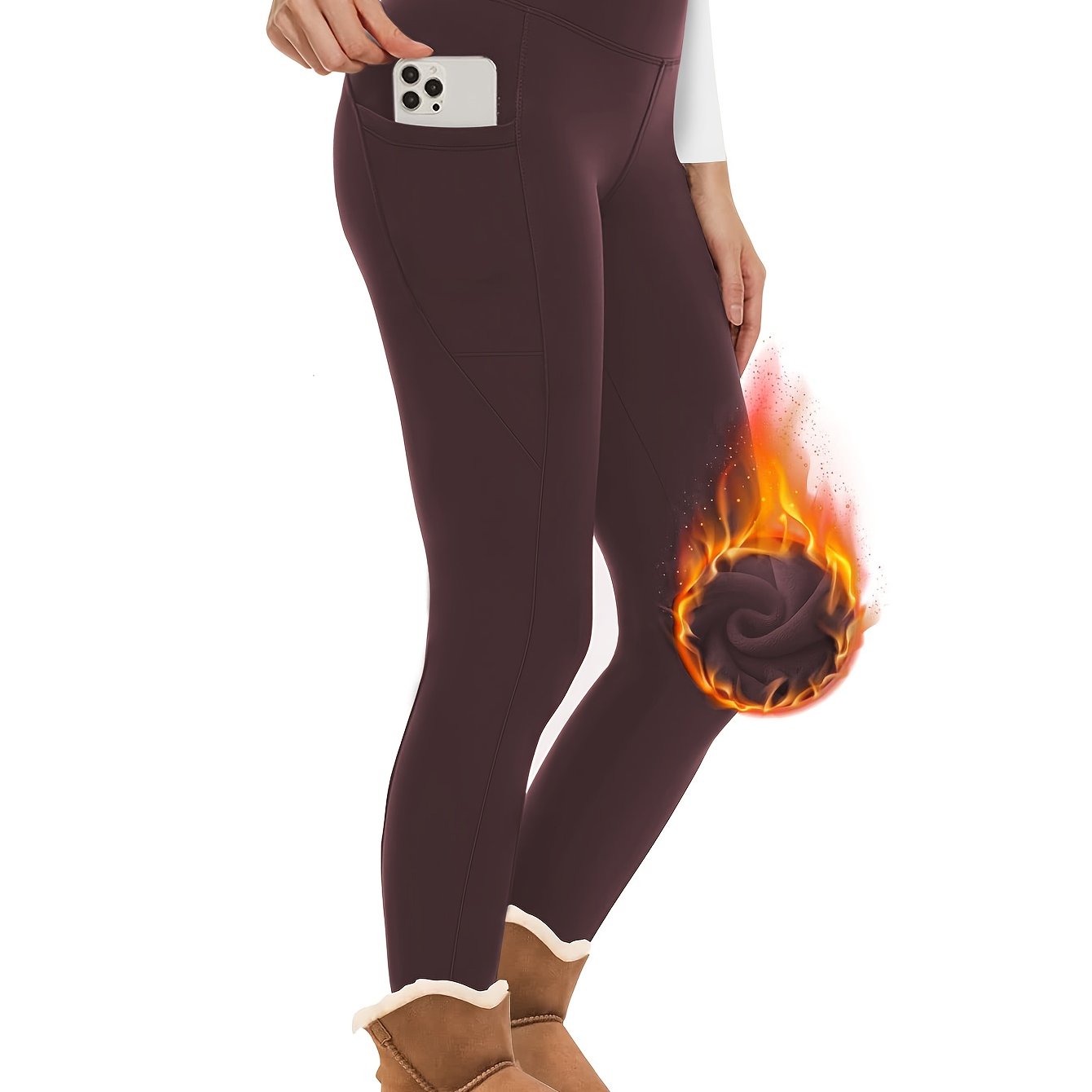 TEMU High-waisted Women's Stretchy Fleece Yoga Pants For Autumn And Winter, Featuring 2 Pockets And A Slim Fit Design