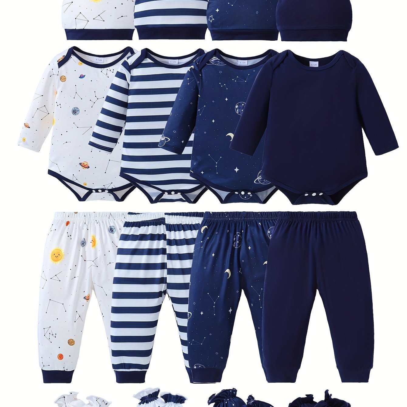 Image of Boys' Casual Suit Solid Color & Universe Starry Sky & Striped Print Long Sleeve Shirt + Pants + Hat + Gloves, Perfect For Outdoor