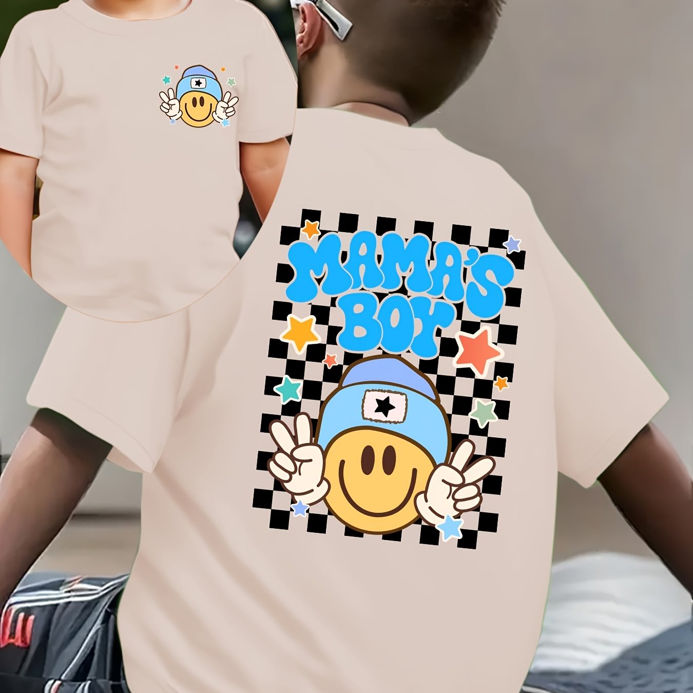 Summer Fashion Boys' Short-sleeve T-shirt With Checkerboard Element And Letter Double-sided Top Nydx5561