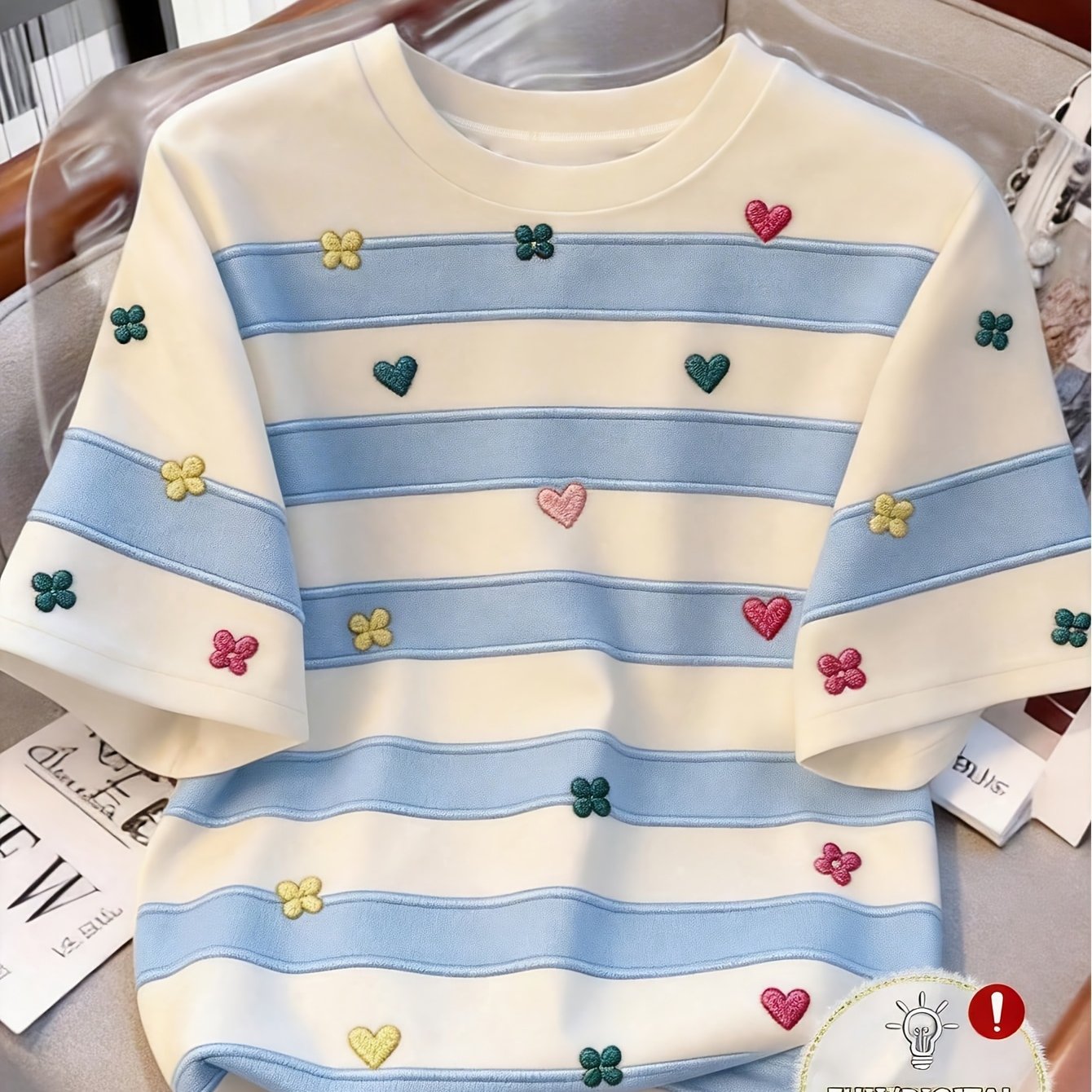 TEMU Fuii/digital Printing Women's Round Neck Short Sleeve T-shirt, Casual Comfortable Simple Striped Floral Heart Pattern Print Women's Round Neck