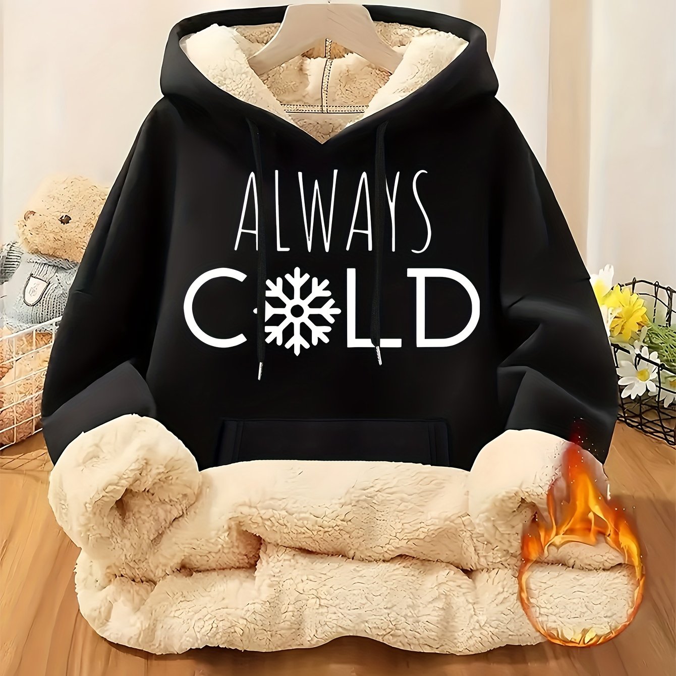 TEMU Autumn/ Winter New " Cold" Slogan Printed Women's Thickened Hooded Sweater, Suitable For Spring, Autumn And Winter, New Women's Casual Versatile