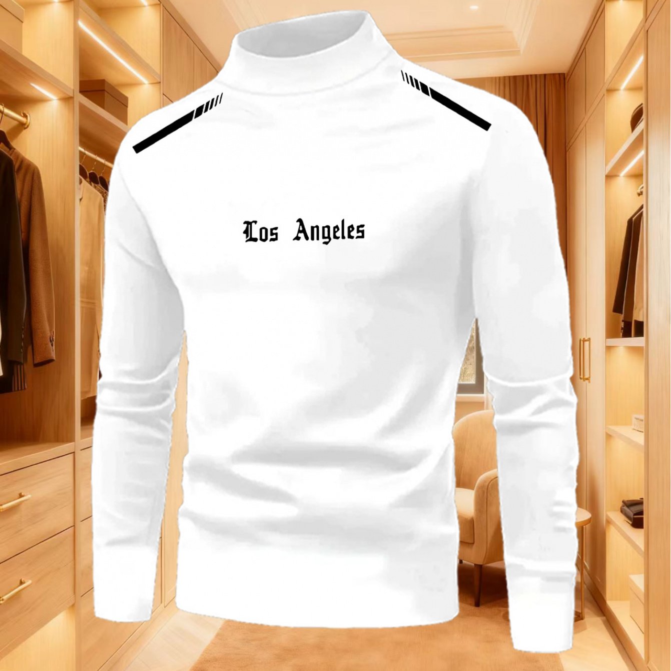 TEMU Los Angeles Letter Print Men's High-neck Long Sleeve Top With Contrast White Stripe Shoulder Accent, Vintage Daily Wear Shirt