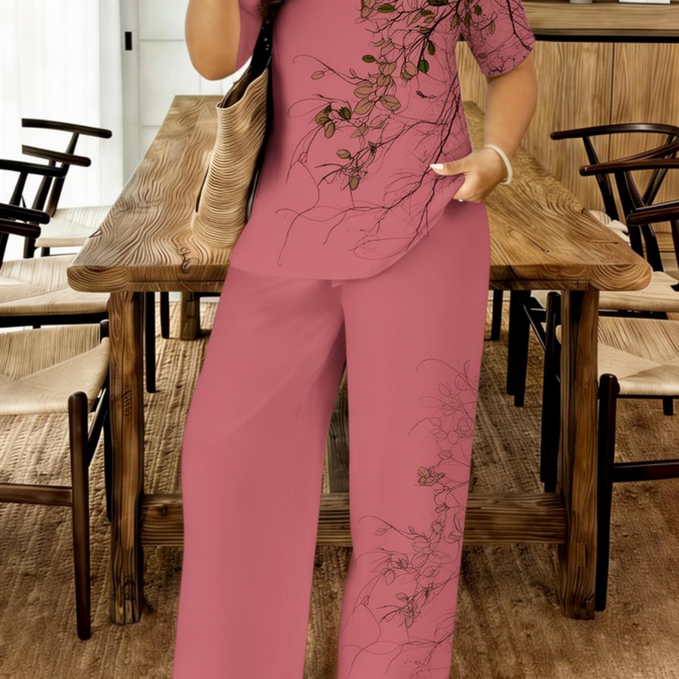 Image of Women'-piece Set Elegant Pink Floral Print Short Sleeve Pantsuit Women's Casual Homewear Spring Summer Outdoor Clothing Mother's Day Gift