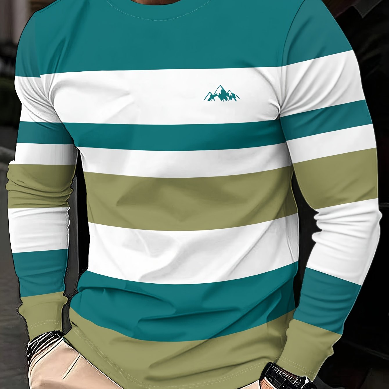 TEMU Мъжка Casual Streetwear Тениска с Дълги Ръкави - Дишаща Раирана Блуза с Кръгла Яка и Случаен Принт, Обикновена Фит за Пролет/Лято, Подарък за