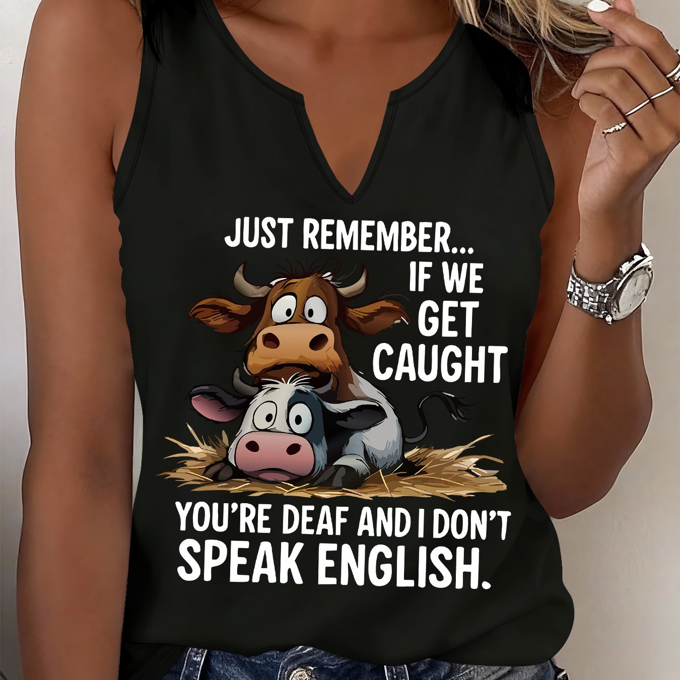 TEMU (052#) Women's Fashion Refreshing Tank Top, Fun Cow Print Sleeveless Vest With English Slogan, Casual And Versatile Top