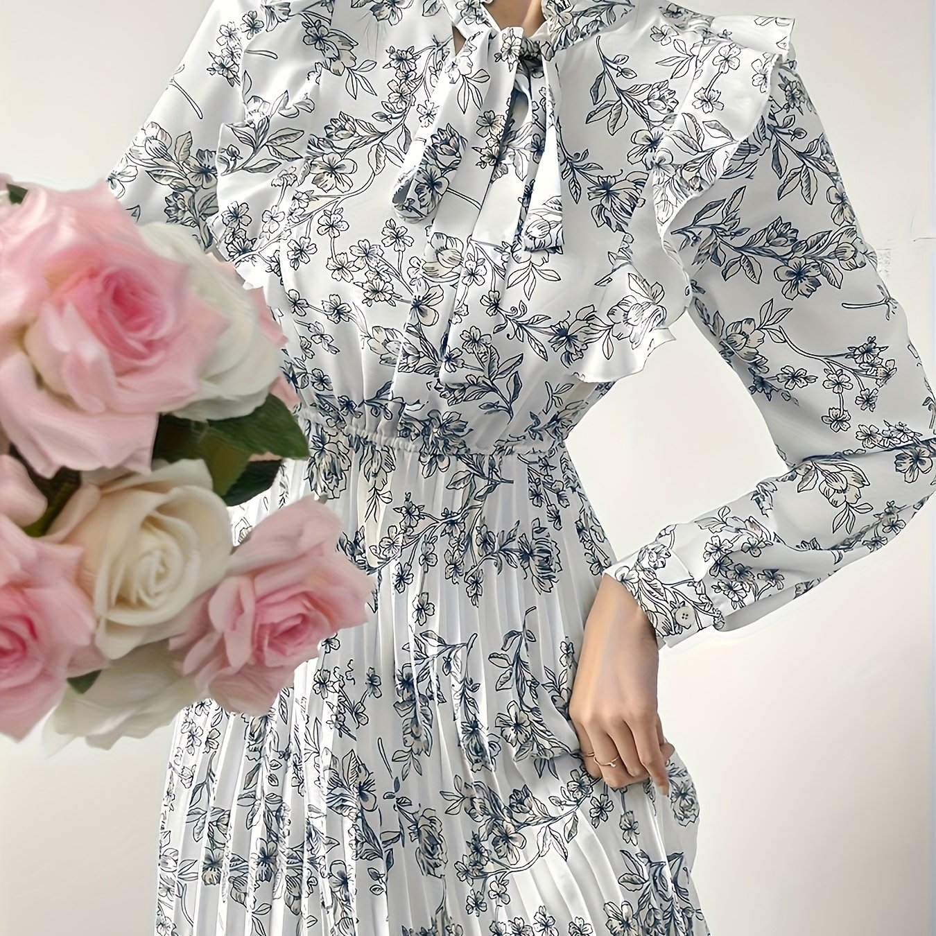 Floral Print Ruffle Neck Pleated Maxi Dress in soft polyester blend
