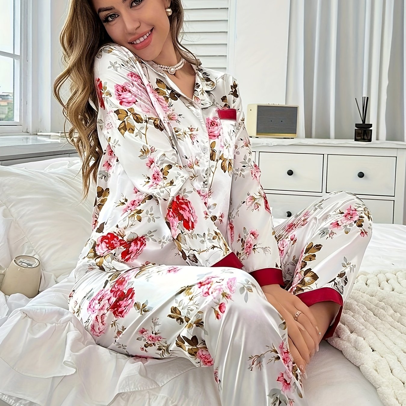 TEMU Women's Floral Print Satin Casual Pajama Set, Long Sleeve Buttons Lapel Top & Pants, Comfortable Relaxed Fit For Fall, Autumn, Plaid