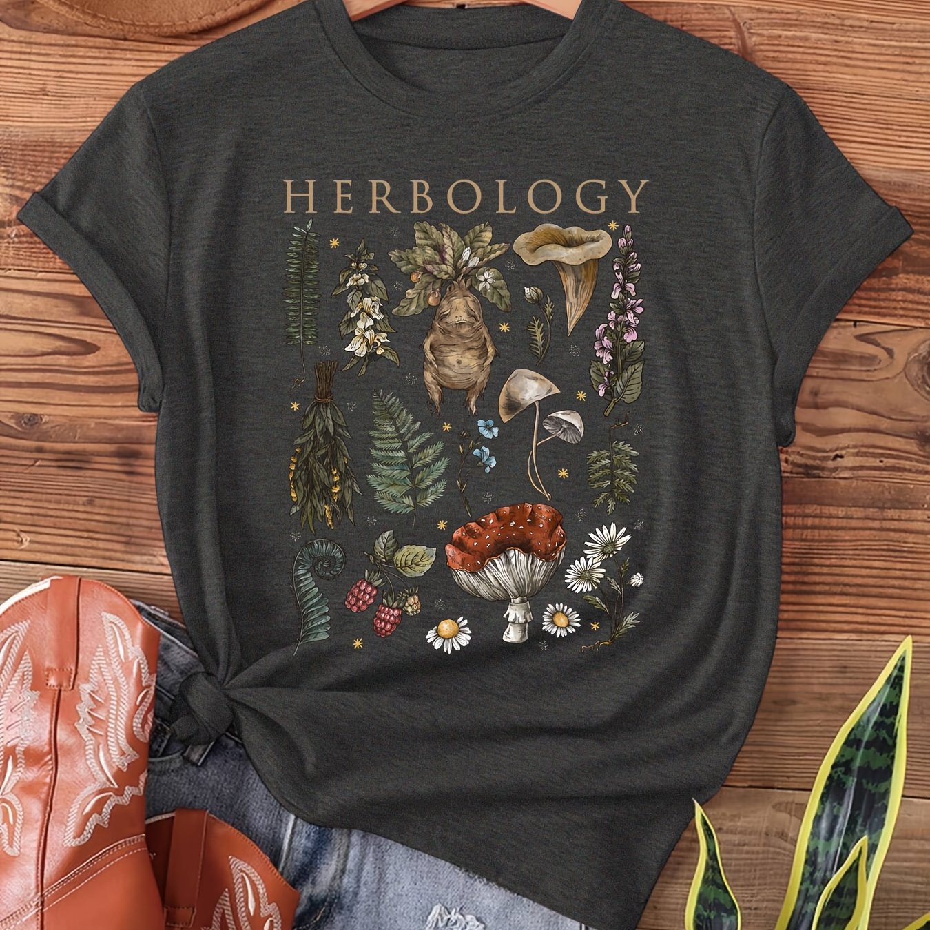 Vintage Plants, Print T-shirt, Short Sleeve Crew Neck Casual Top For Summer & Spring, Women's Clothing