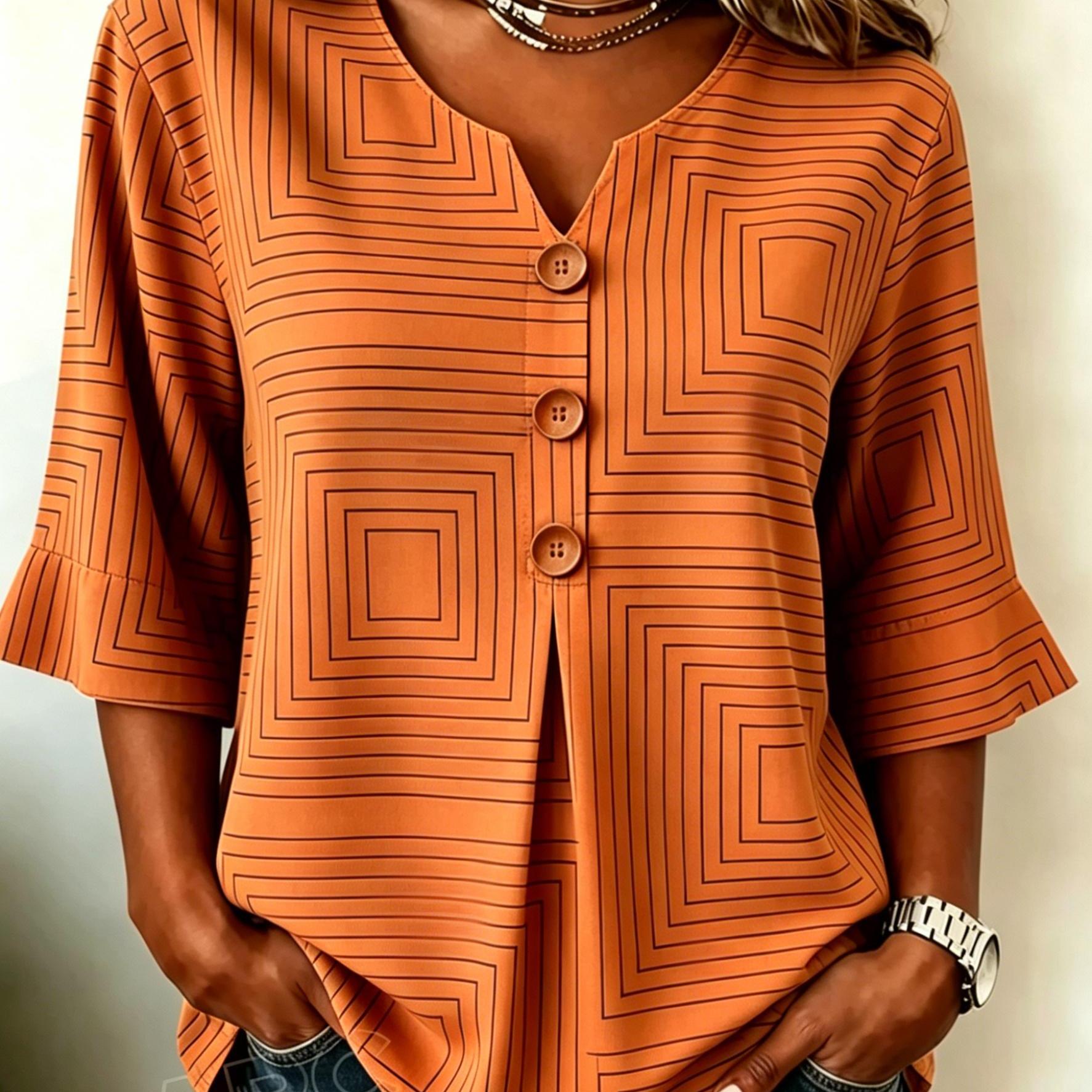 Women's Tops Women's Summer Apparel New Women's Summer V-neck Blouse With Ethnic Shirt Suitable For Casual Daily Commutes Trips Machine Washable 2d Flat Print, 2d Flat